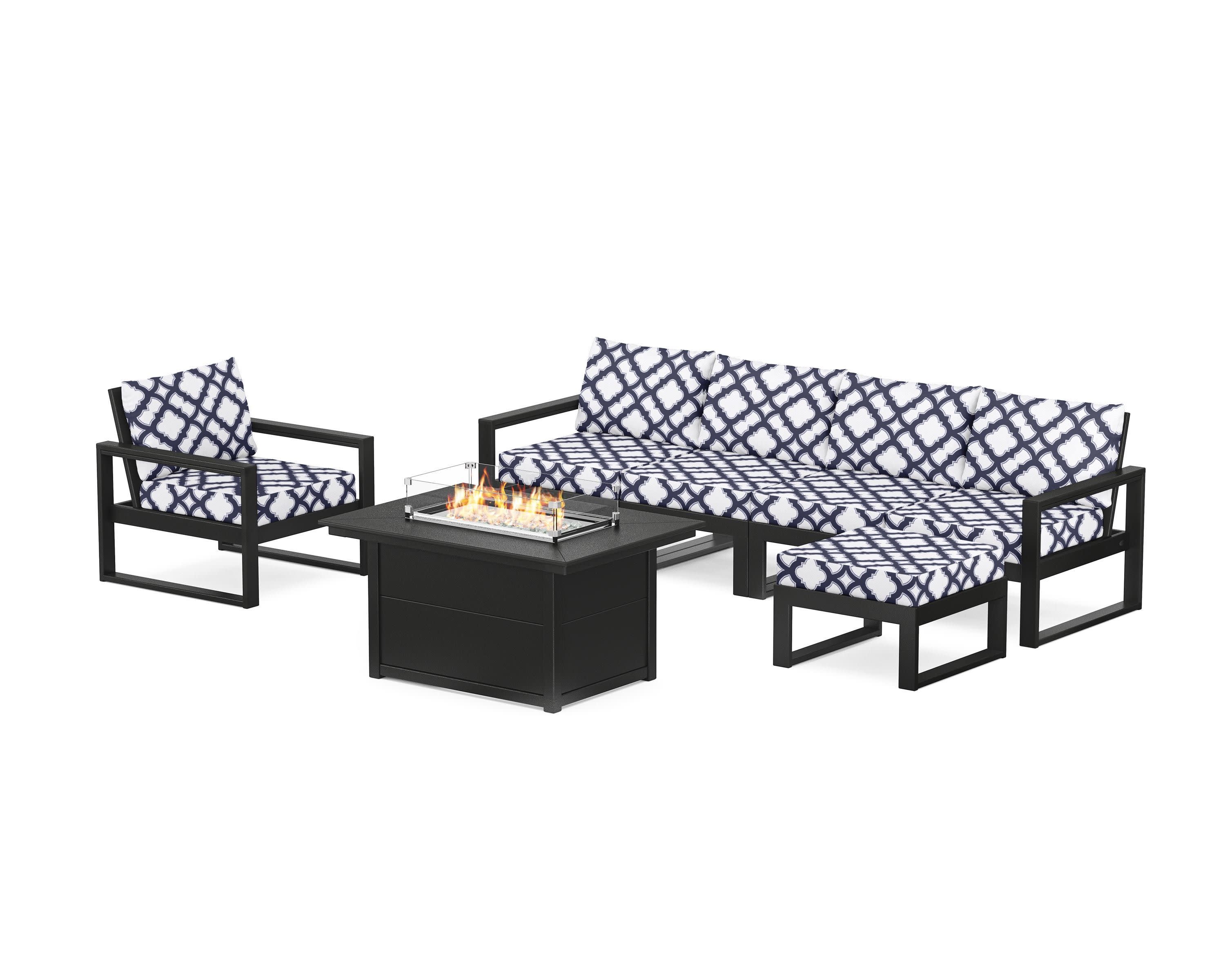 EDGE Sectional Lounge and Fire Pit Set in Black / Trellis Navy