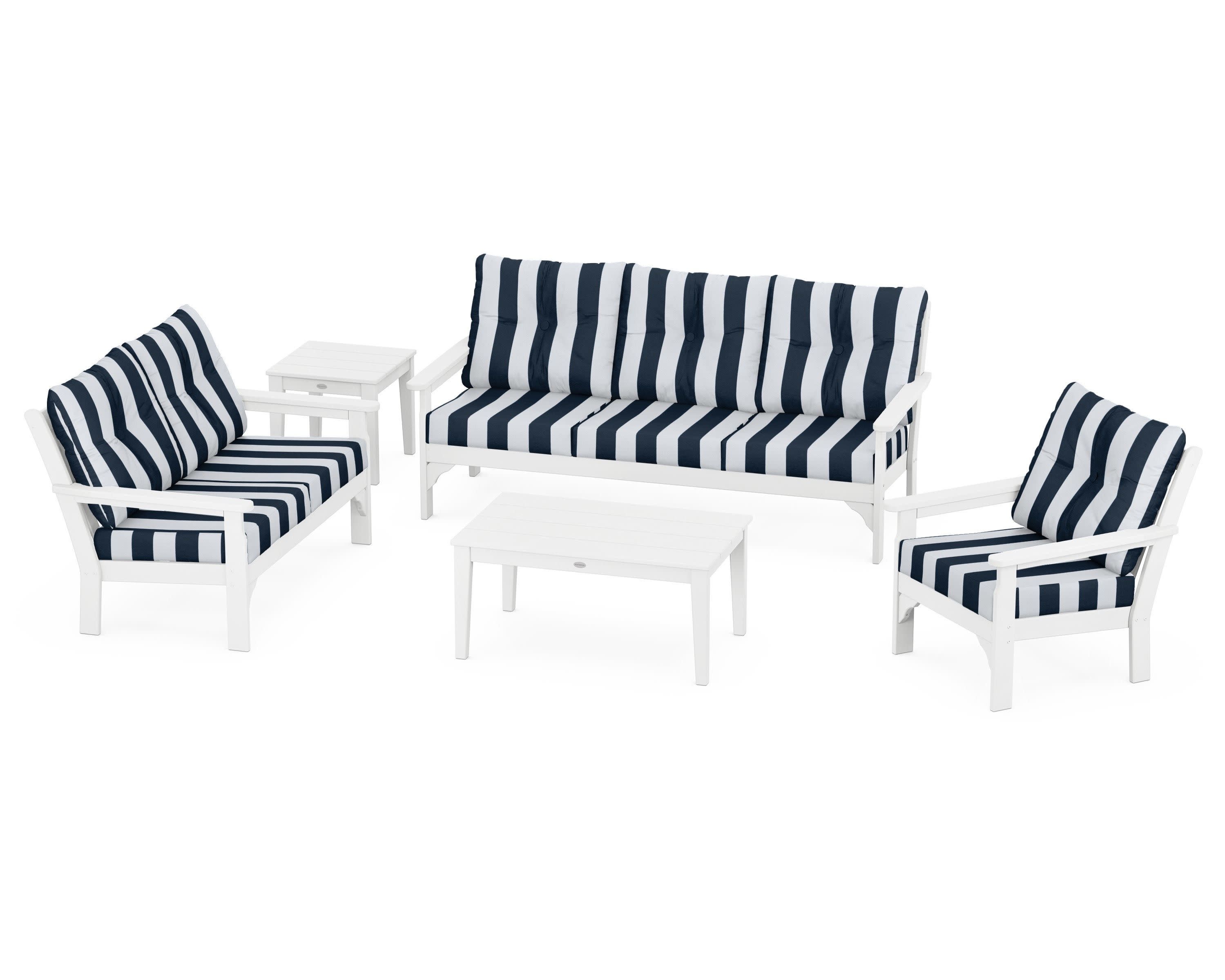 Vineyard 5 Piece Deep Seating Set in White / Cabana Stripe Marine Indigo