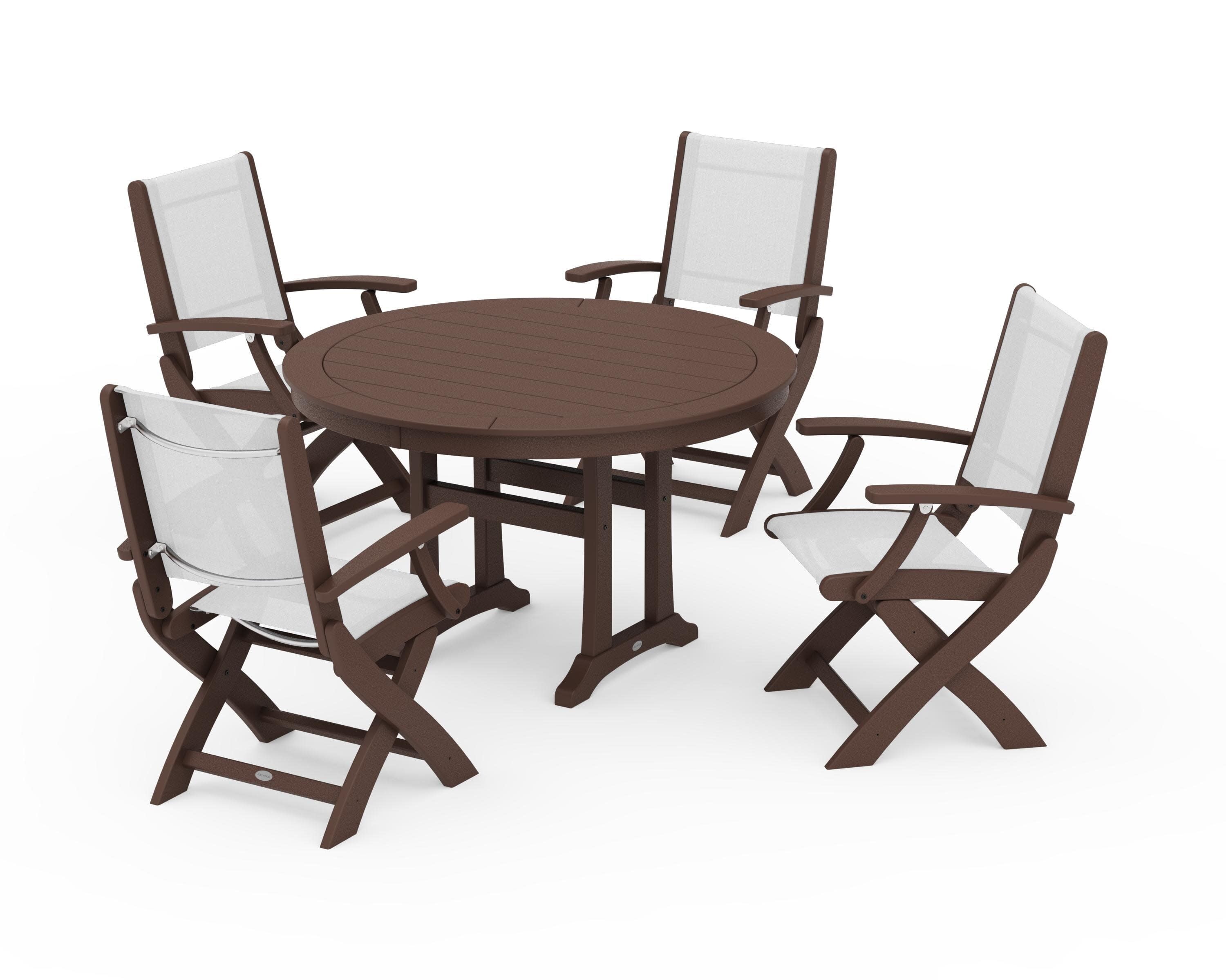 Coastal Folding Chair 5-Piece Round Dining Set with Trestle Legs in Mahogany / White Sling