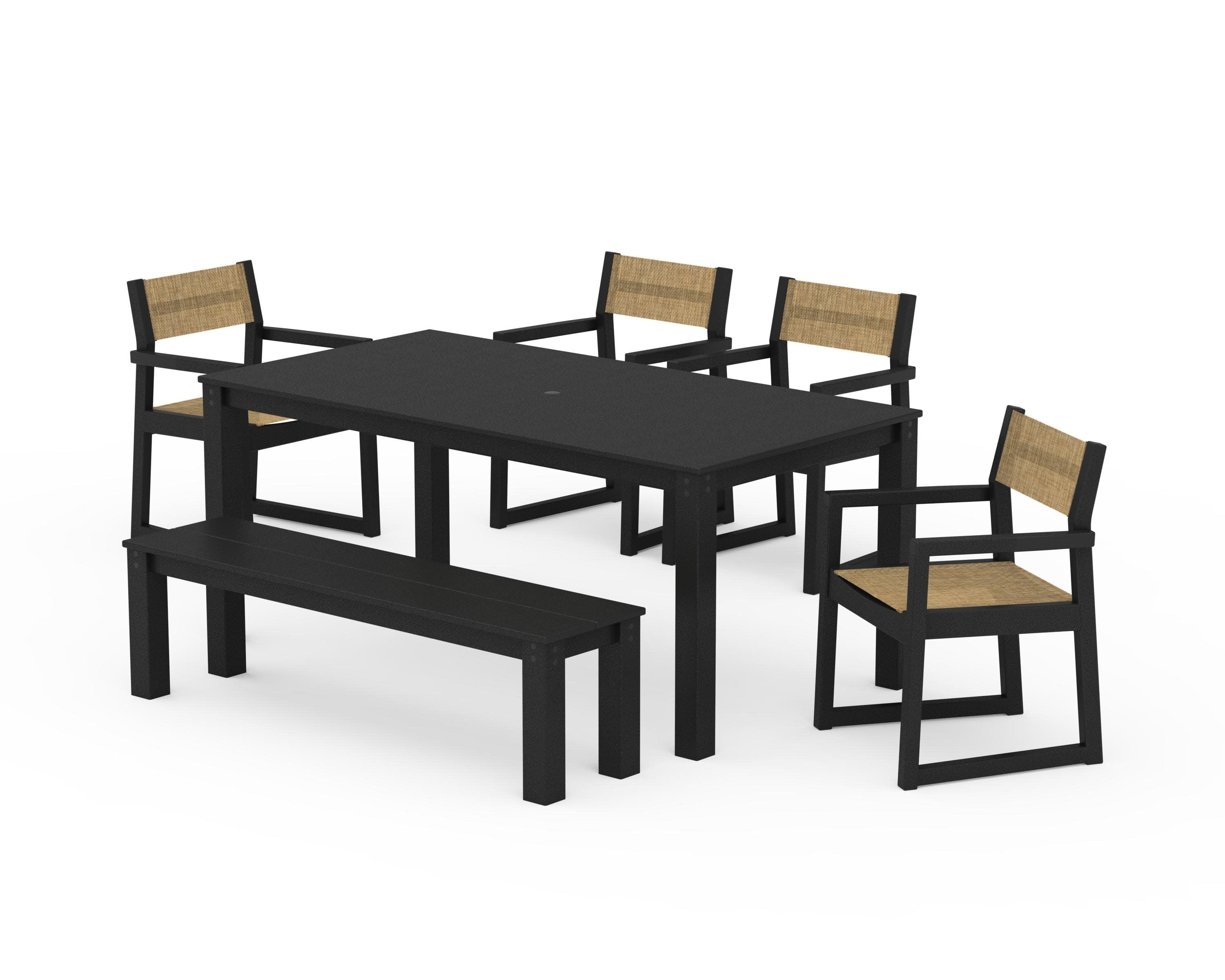 EDGE Sling Arm Chair 6-Piece Parsons Dining Set with Bench in Black / Burlap Sling