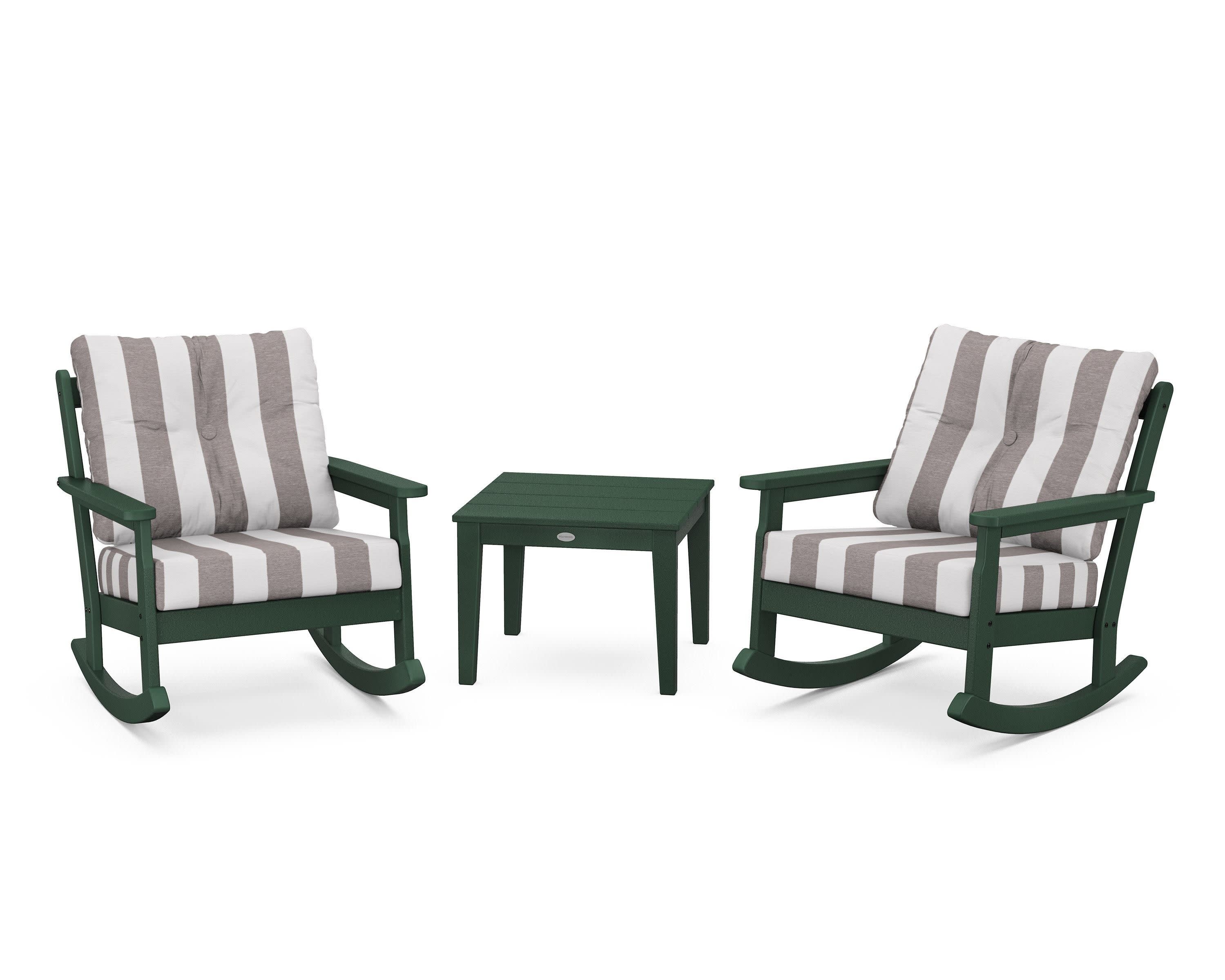 Vineyard 3-Piece Deep Seating Rocker Set in Green / Cabana Stripe Grey Mist