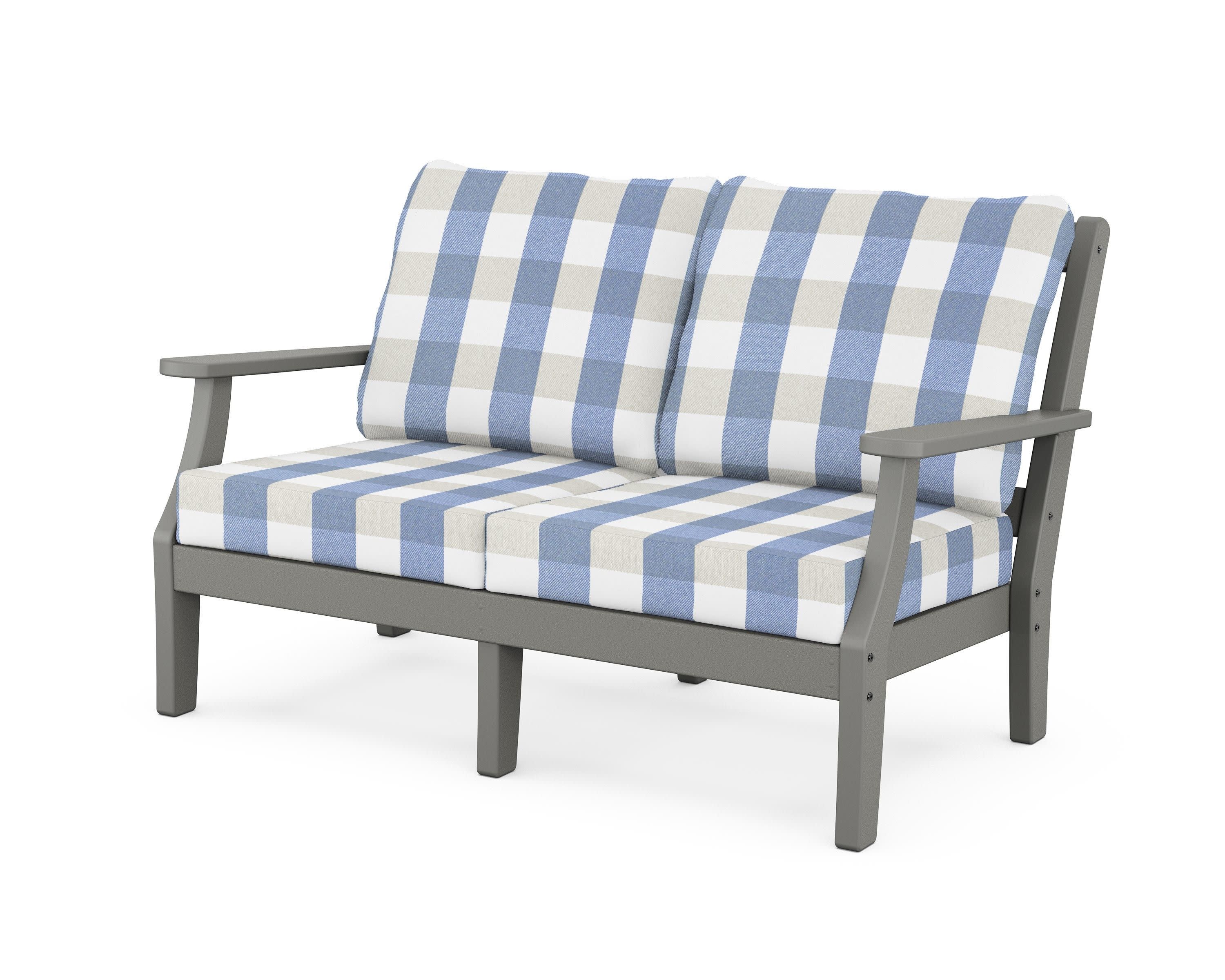 Chinoiserie Deep Seating Loveseat in Slate Grey / Buffalo Plaid Sky Blue
