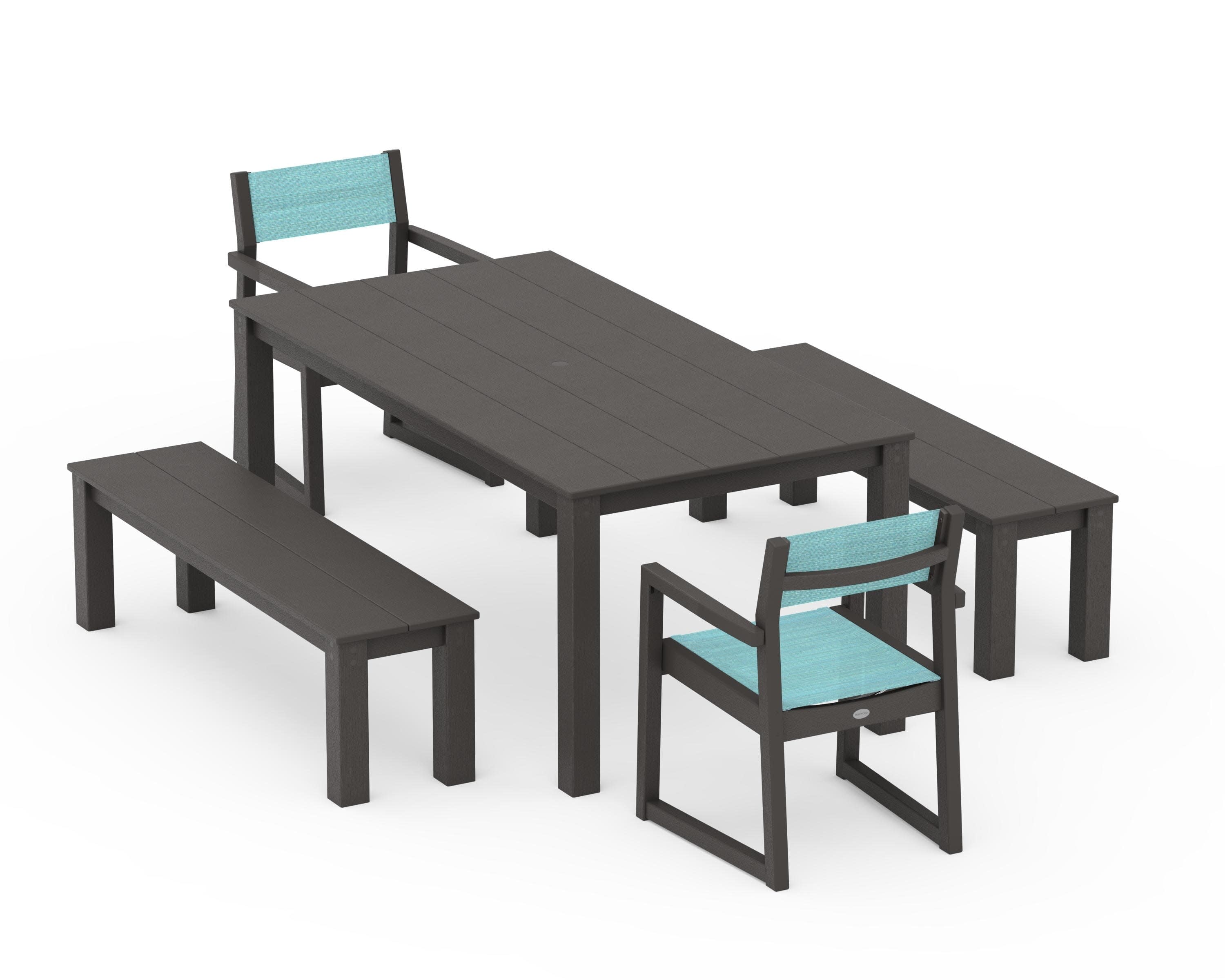 EDGE Sling Arm Chair 5-Piece Parsons Dining Set with Benches in Vintage Coffee / Dupioni Aquamarine Sling