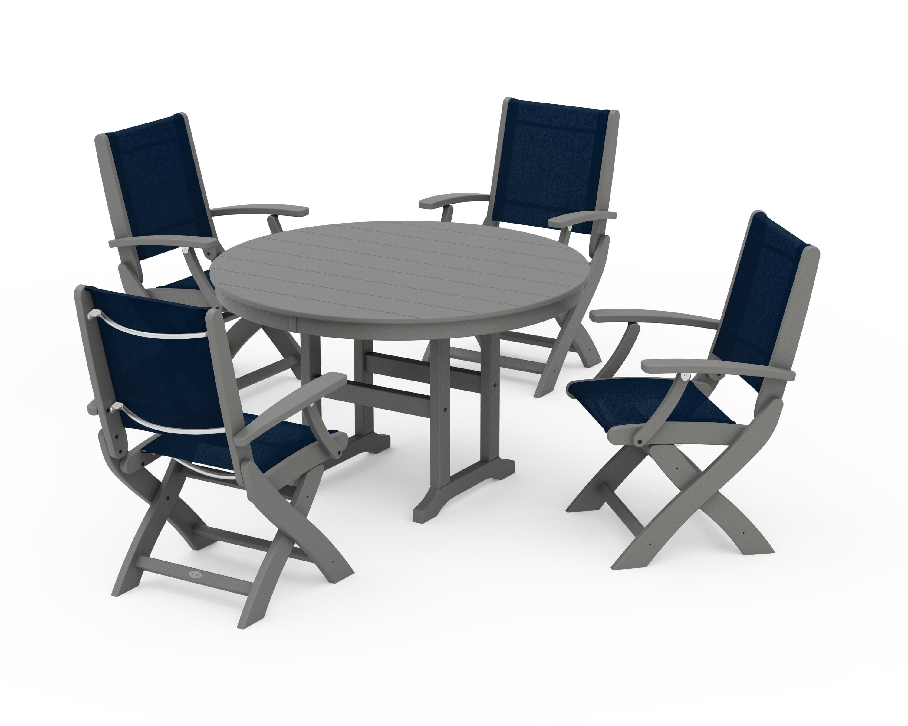 Coastal Folding Chair 5-Piece Round Dining Set in Slate Grey / Navy Blue Sling