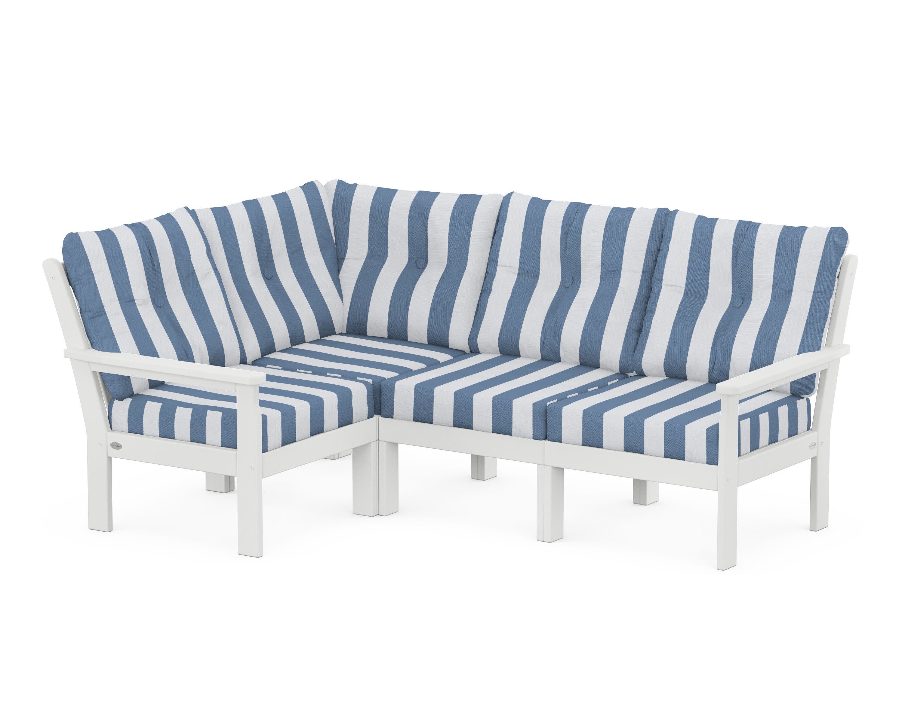 Vineyard 4-Piece Sectional in White / Cabana Stripe Sky Blue