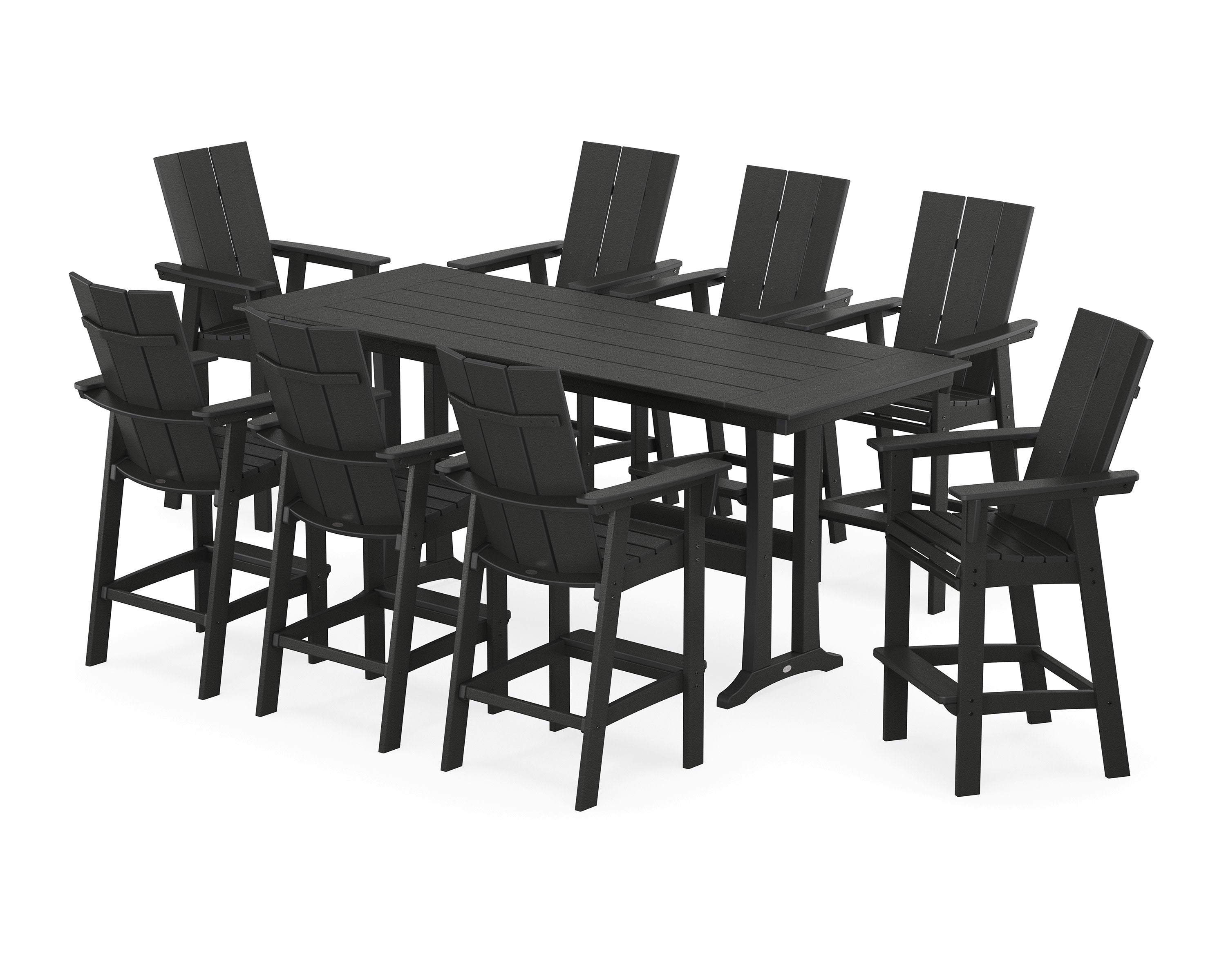 Modern Curveback Adirondack 9-Piece Farmhouse Bar Set with Trestle Legs in Black