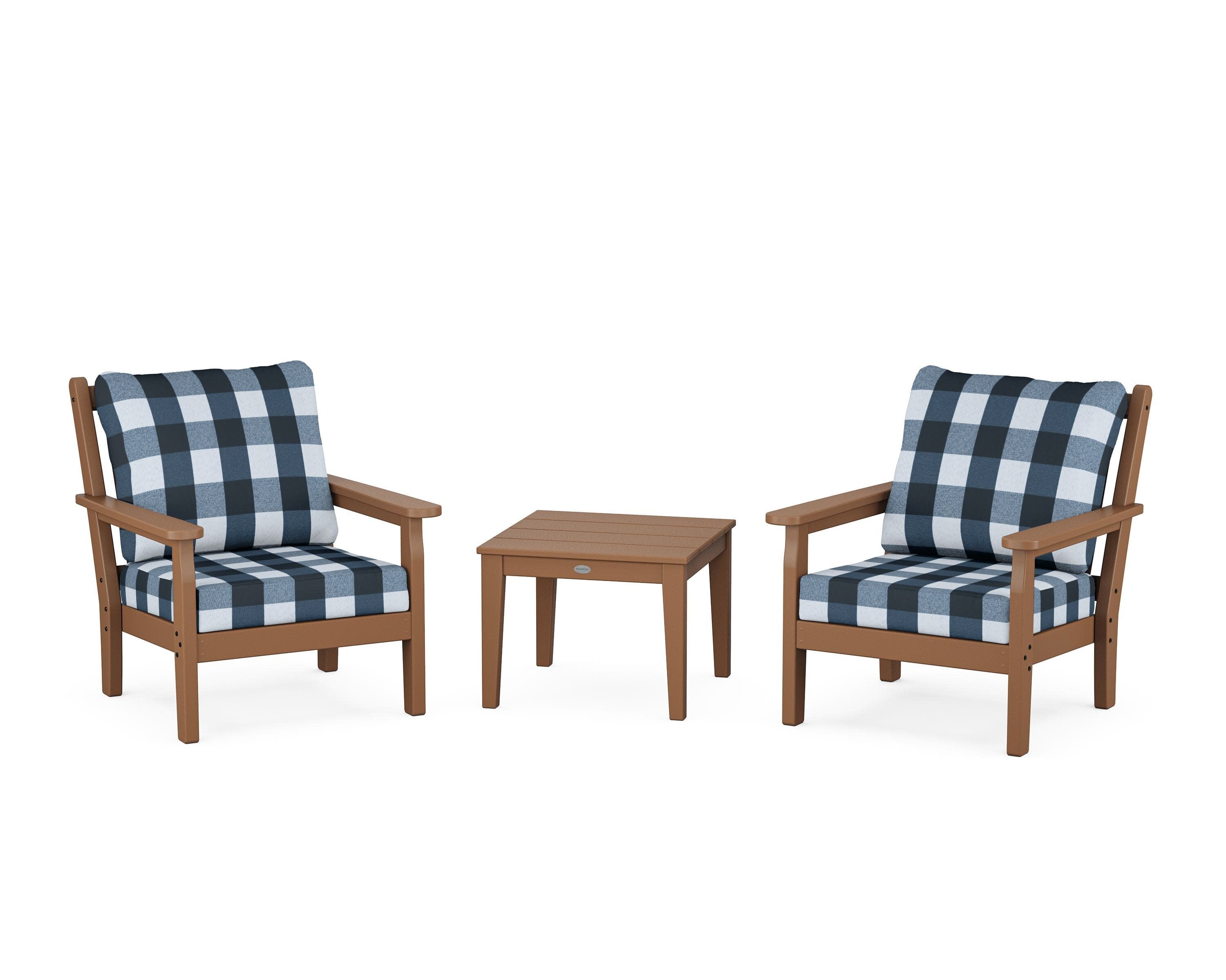 Chippendale 3-Piece Deep Seating Set in Teak / Buffalo Plaid Marine Indigo