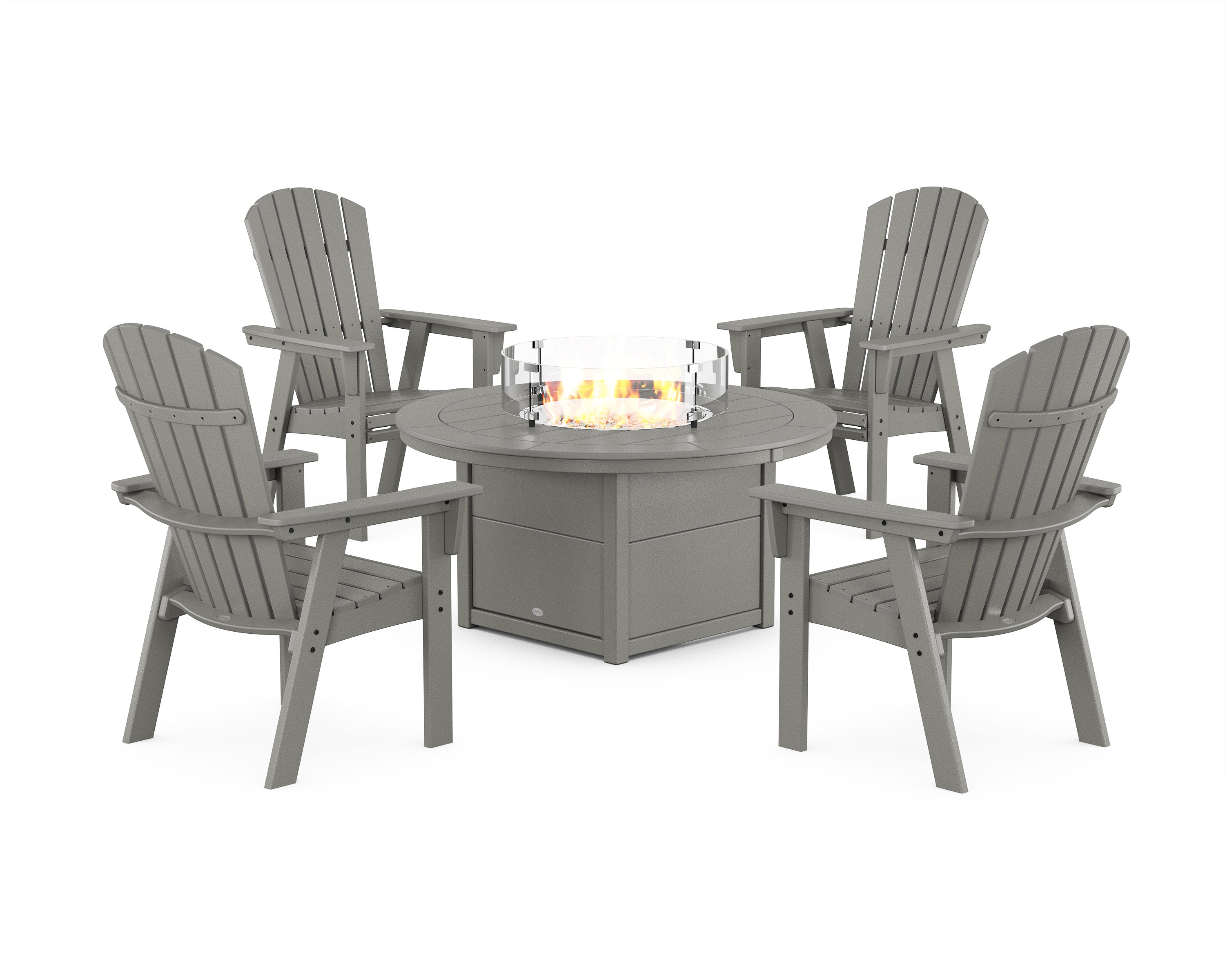 Nautical 4-Piece Curveback Upright Adirondack Conversation Set with Fire Pit Table in Slate Grey