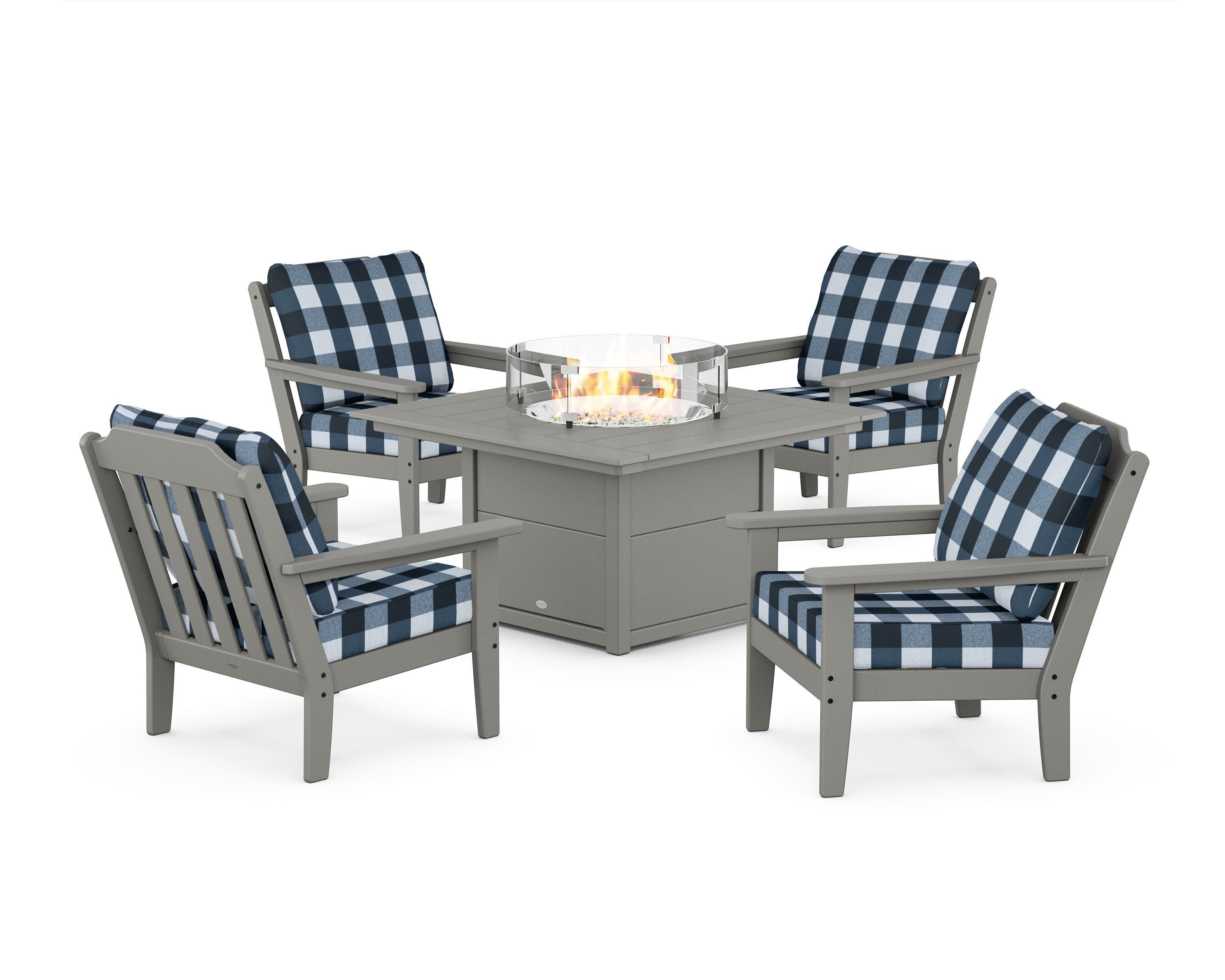 Cottage 5-Piece Deep Seating Set with Fire Pit Table in Slate Grey / Buffalo Plaid Marine Indigo