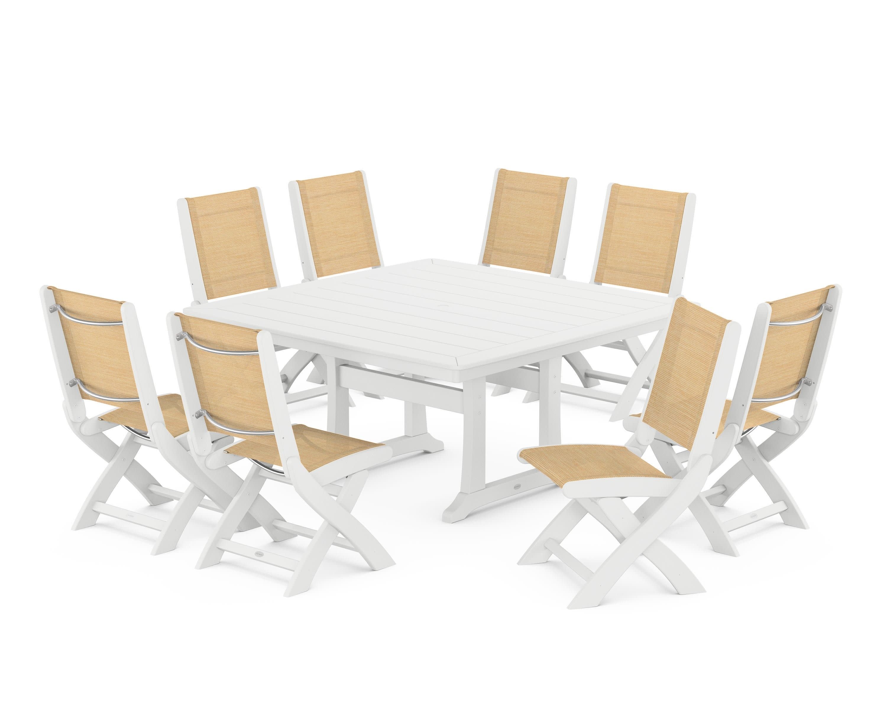 Coastal Folding Side Chair 9-Piece Dining Set with Trestle Legs in White / Dupioni Apricot Sling
