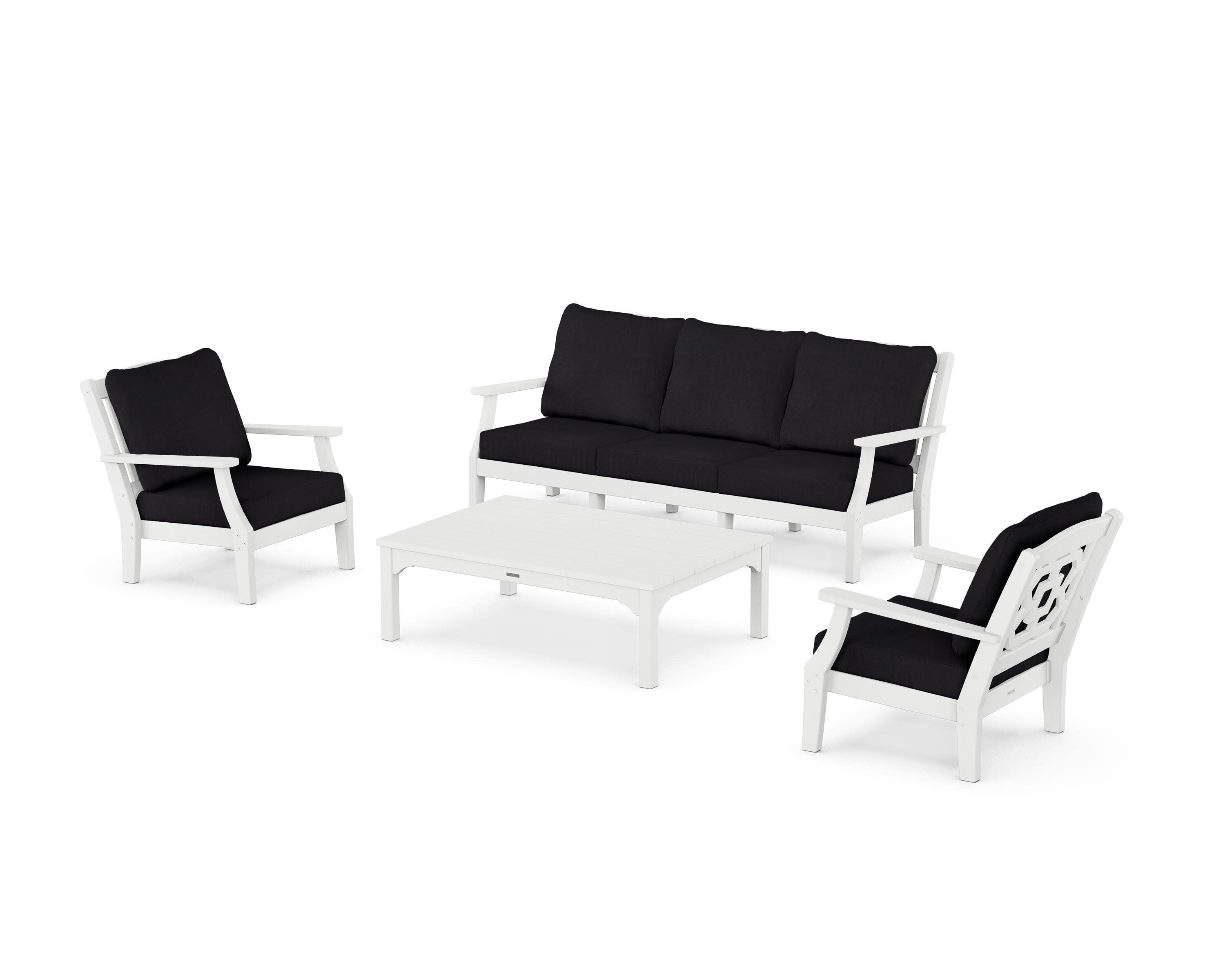 Chinoiserie 4-Piece Deep Seating Set with Sofa in White / Midnight Linen