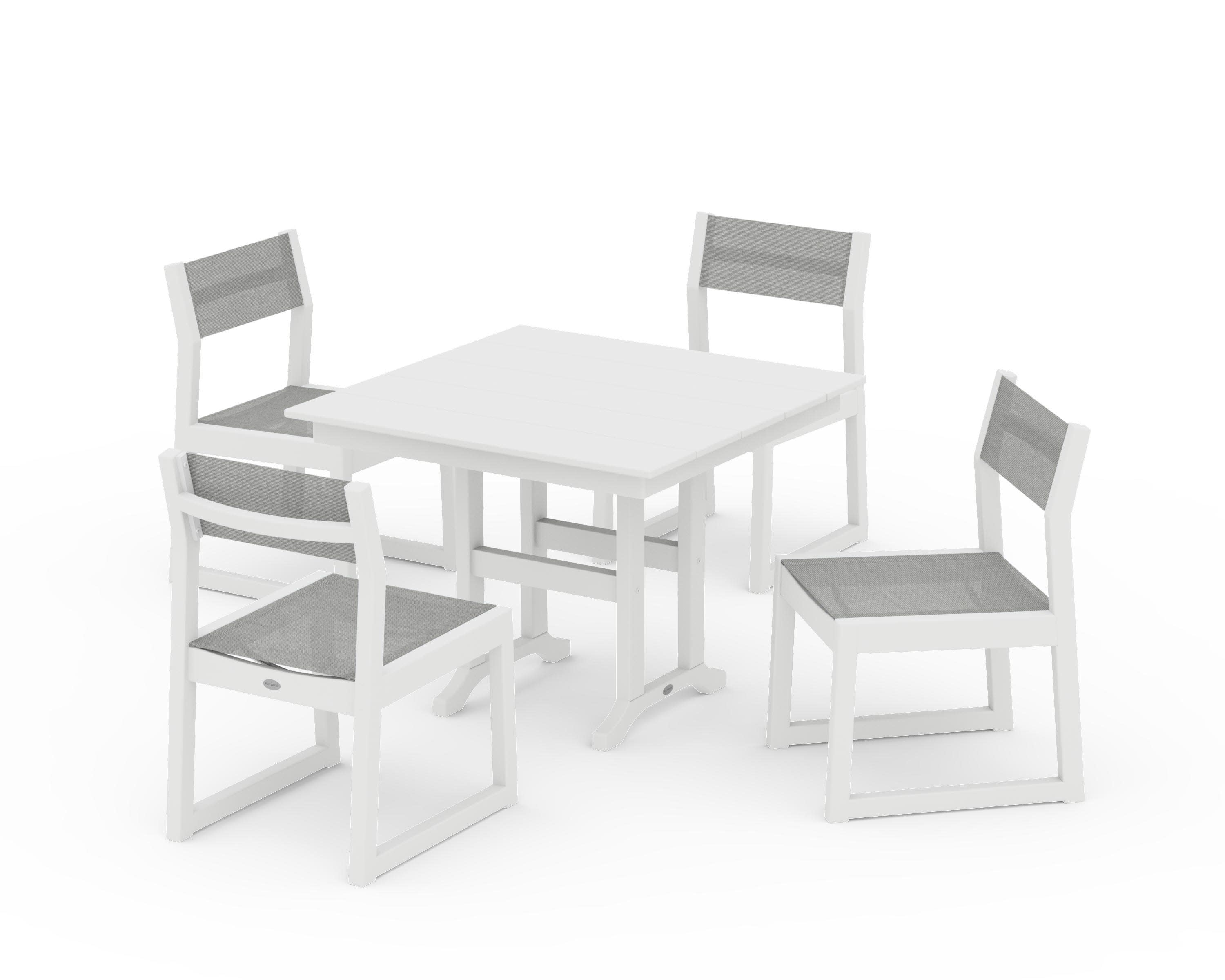 EDGE Sling Side Chair 5-Piece Farmhouse Dining Set in White / Metallic Sling