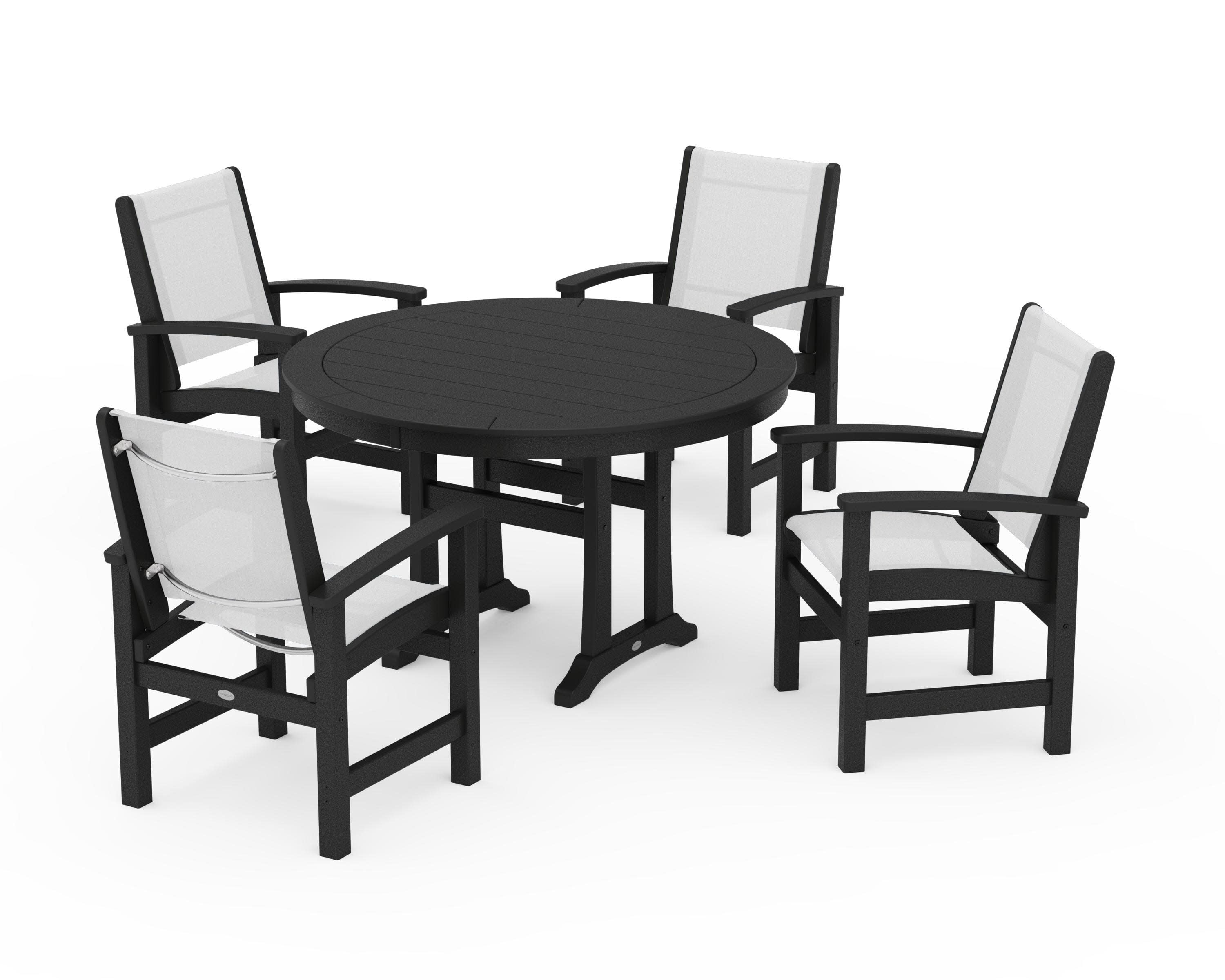 Coastal 5-Piece Round Dining Set with Trestle Legs in Black / White Sling