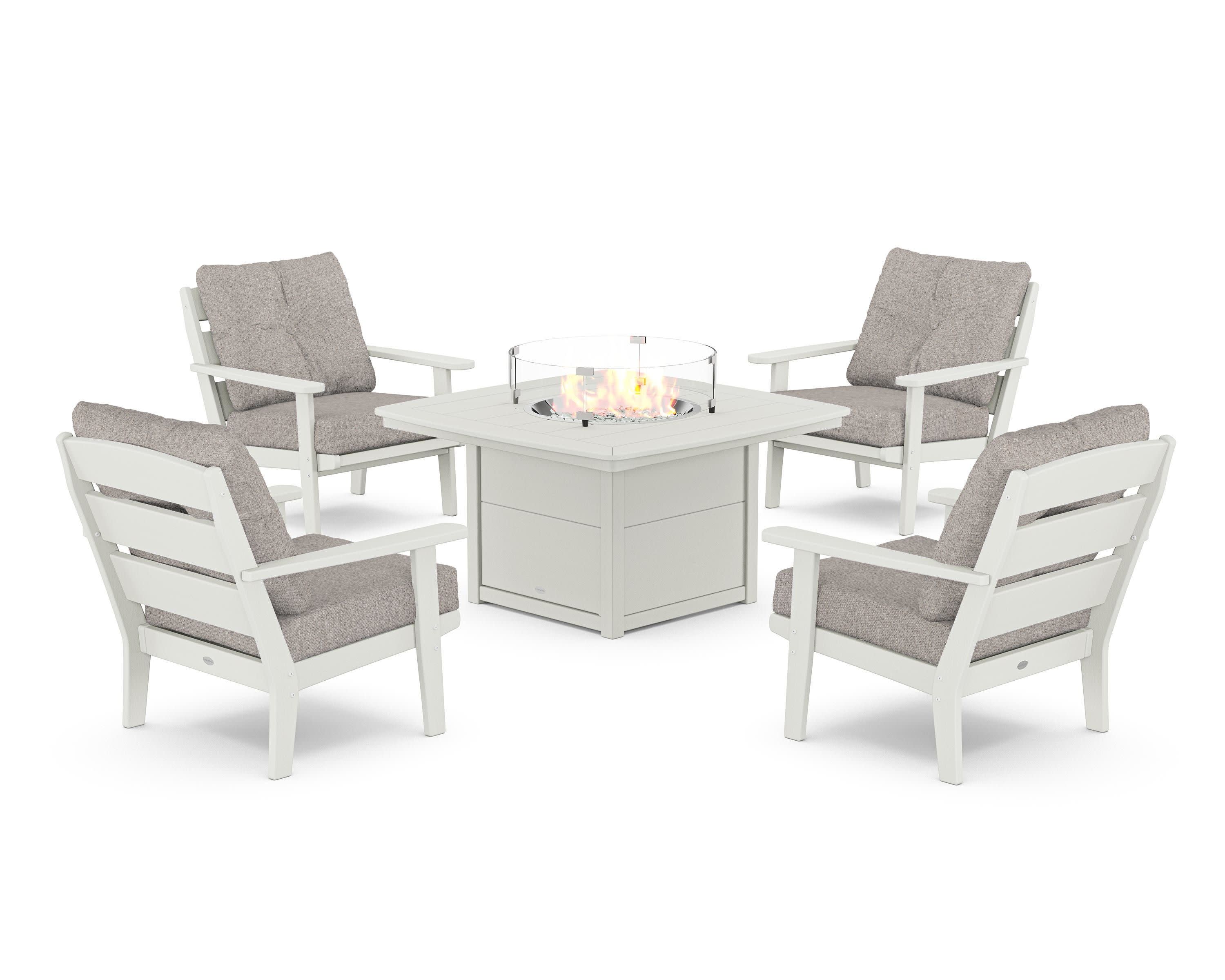 Lakeside 5-Piece Deep Seating Set with Nautical Fire Pit Table in Vintage White / Weathered Tweed