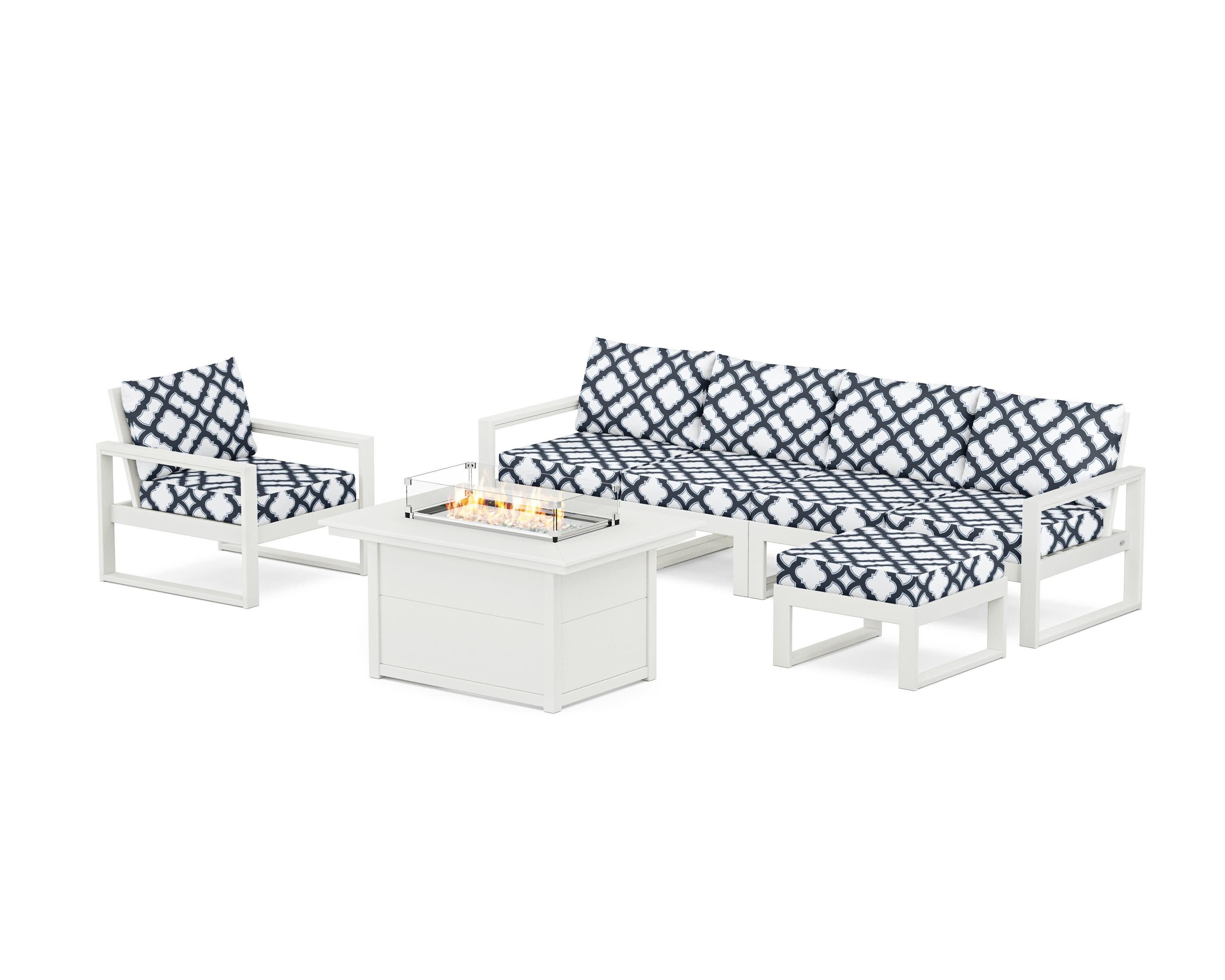 EDGE Sectional Lounge and Fire Pit Set in Vintage White / Trellis Marine Indigo