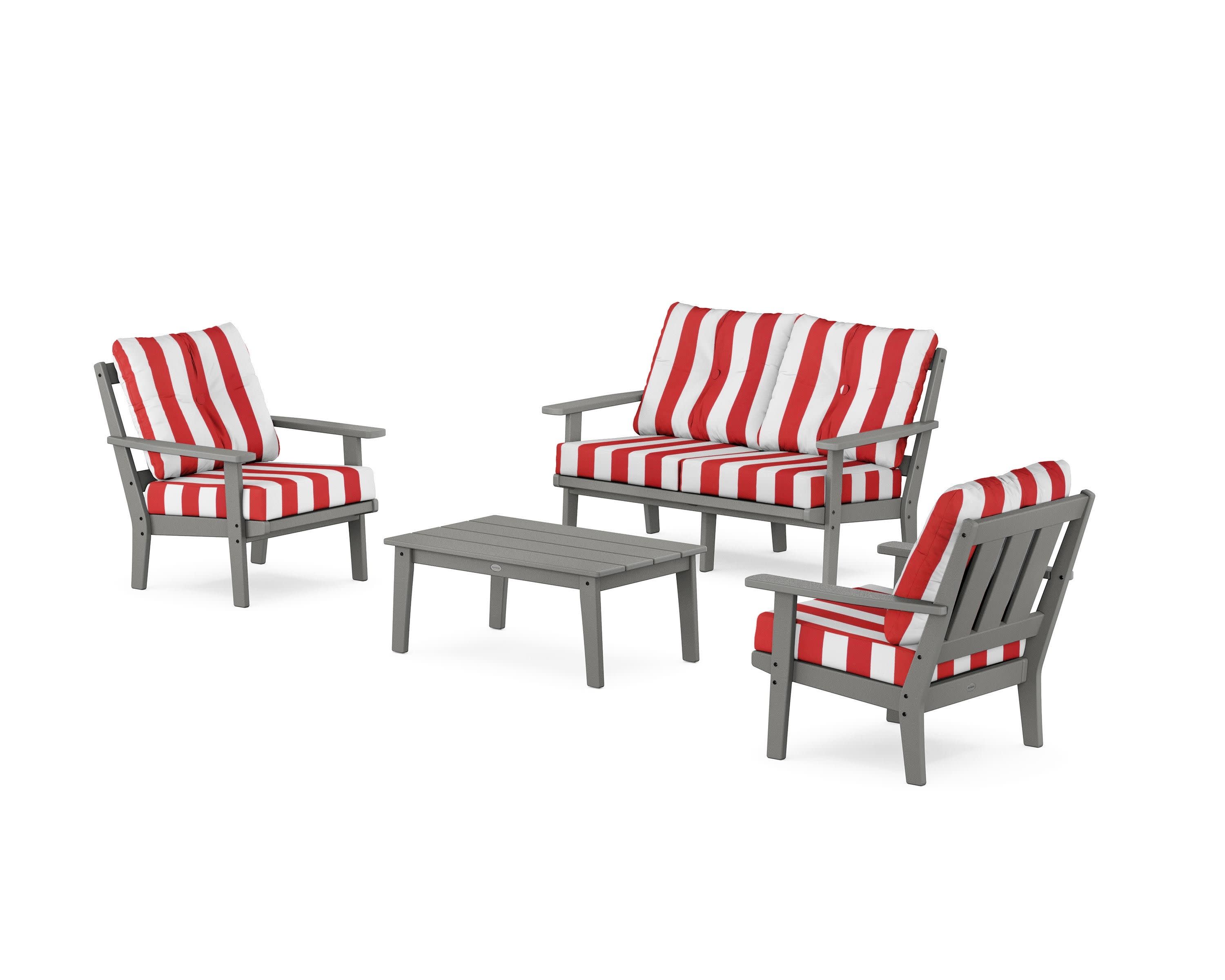 Oxford 4-Piece Deep Seating Set with Loveseat in Slate Grey / Cabana Stripe Crimson