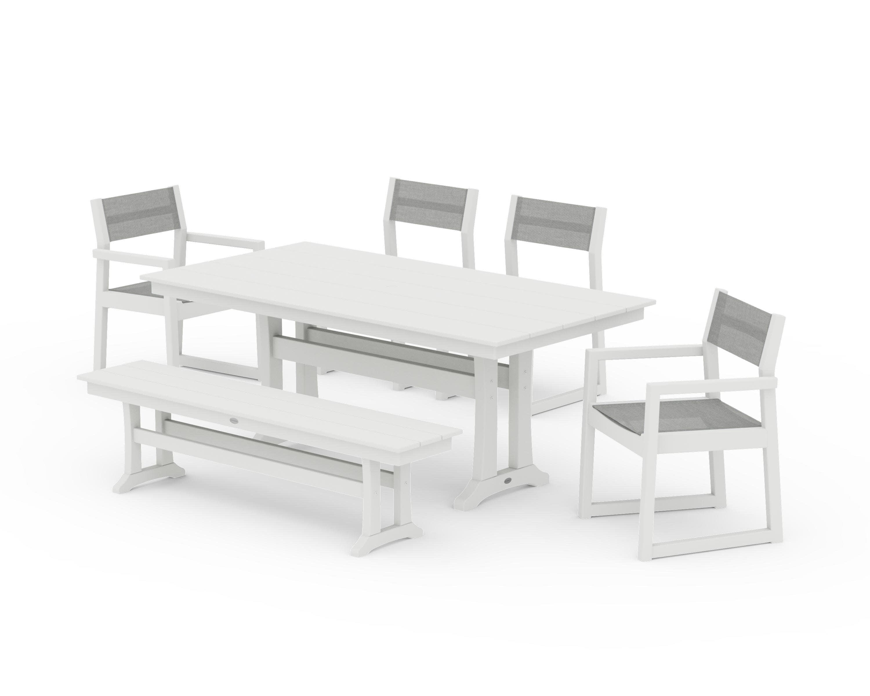 EDGE Sling 6-Piece Farmhouse Dining Set With Trestle Legs in Vintage White / Metallic Sling