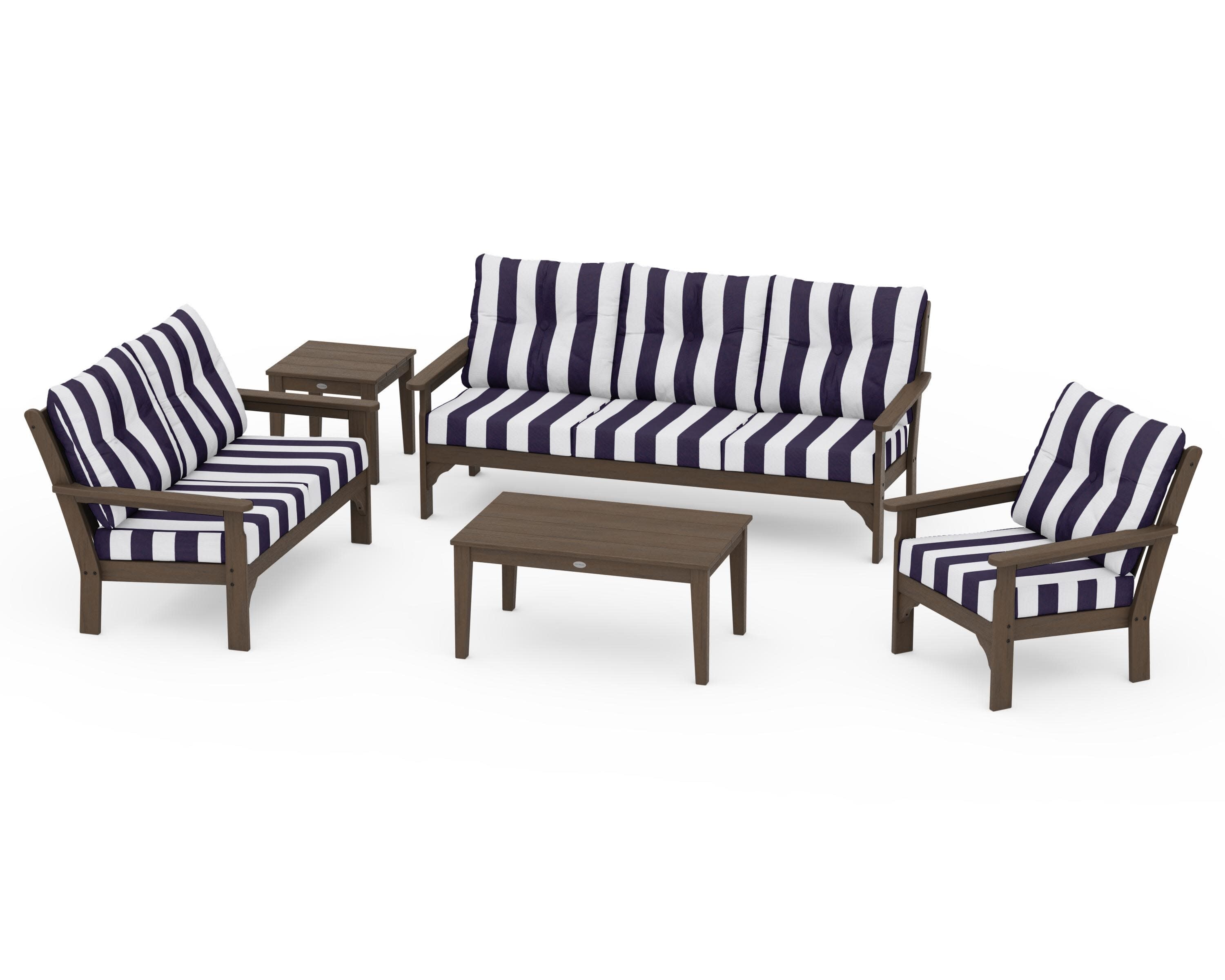 Vineyard 5 Piece Deep Seating Set in Kona / Cabana Stripe Navy