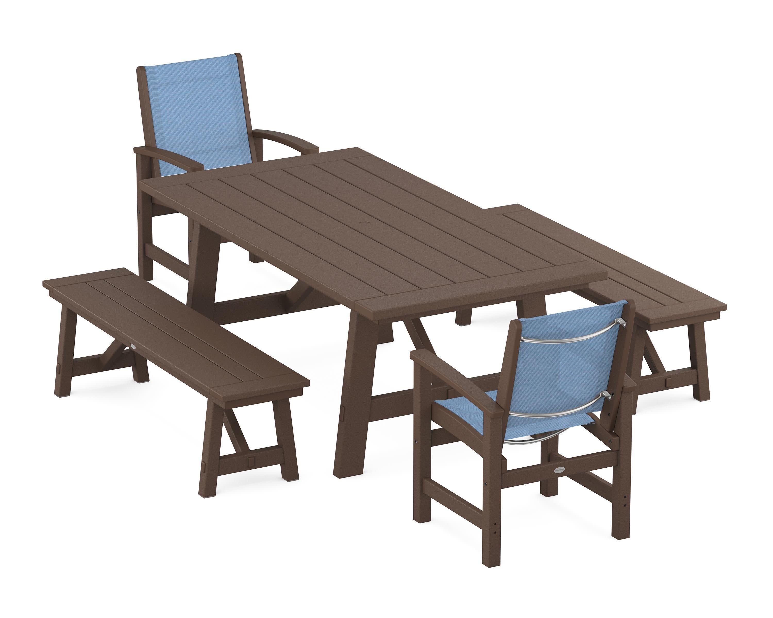 Coastal 5-Piece Rustic Farmhouse Dining Set With Benches in Mahogany / Poolside Sling