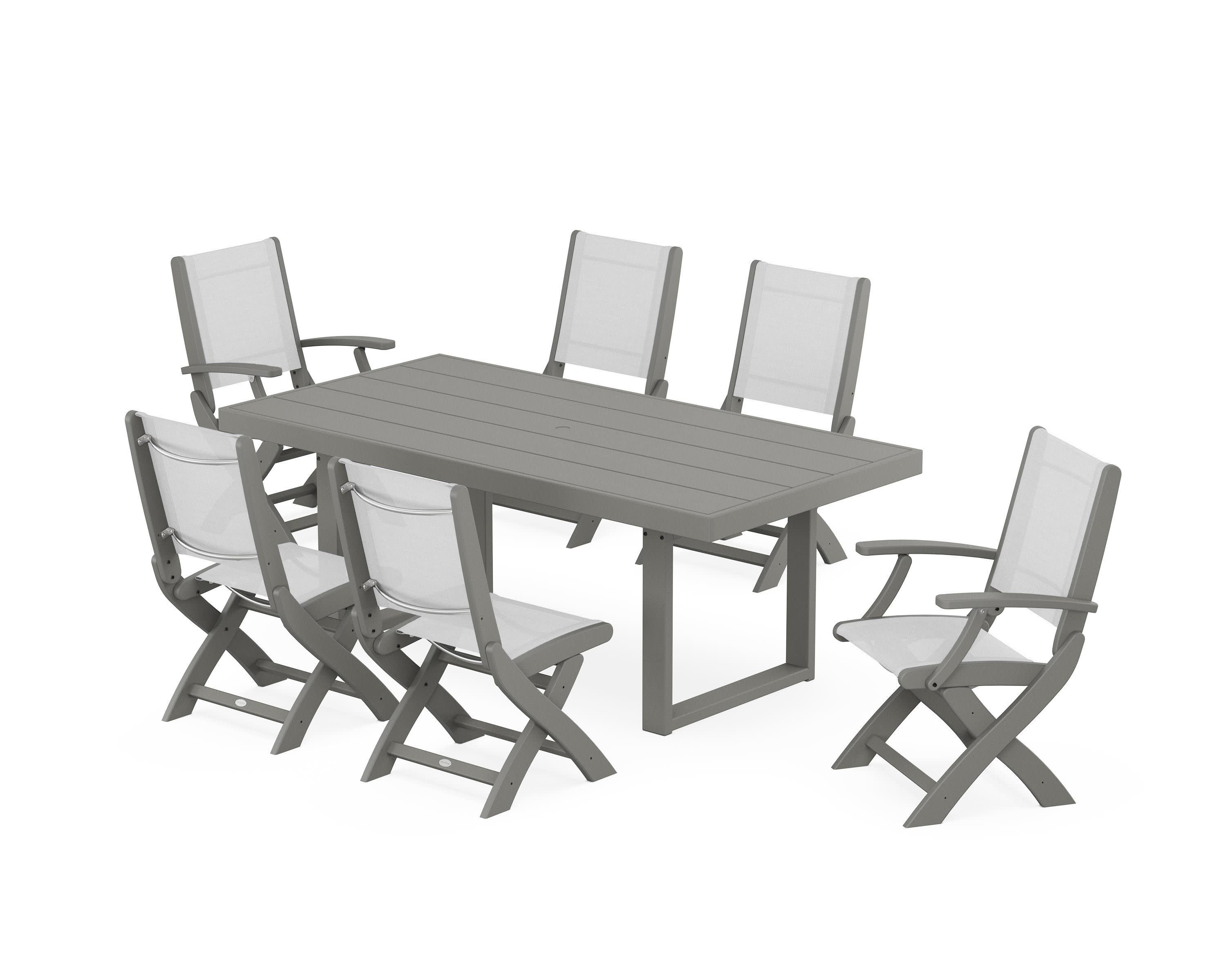 Coastal Folding Chair 7-Piece Dining Set with Trestle Legs in Slate Grey / White Sling