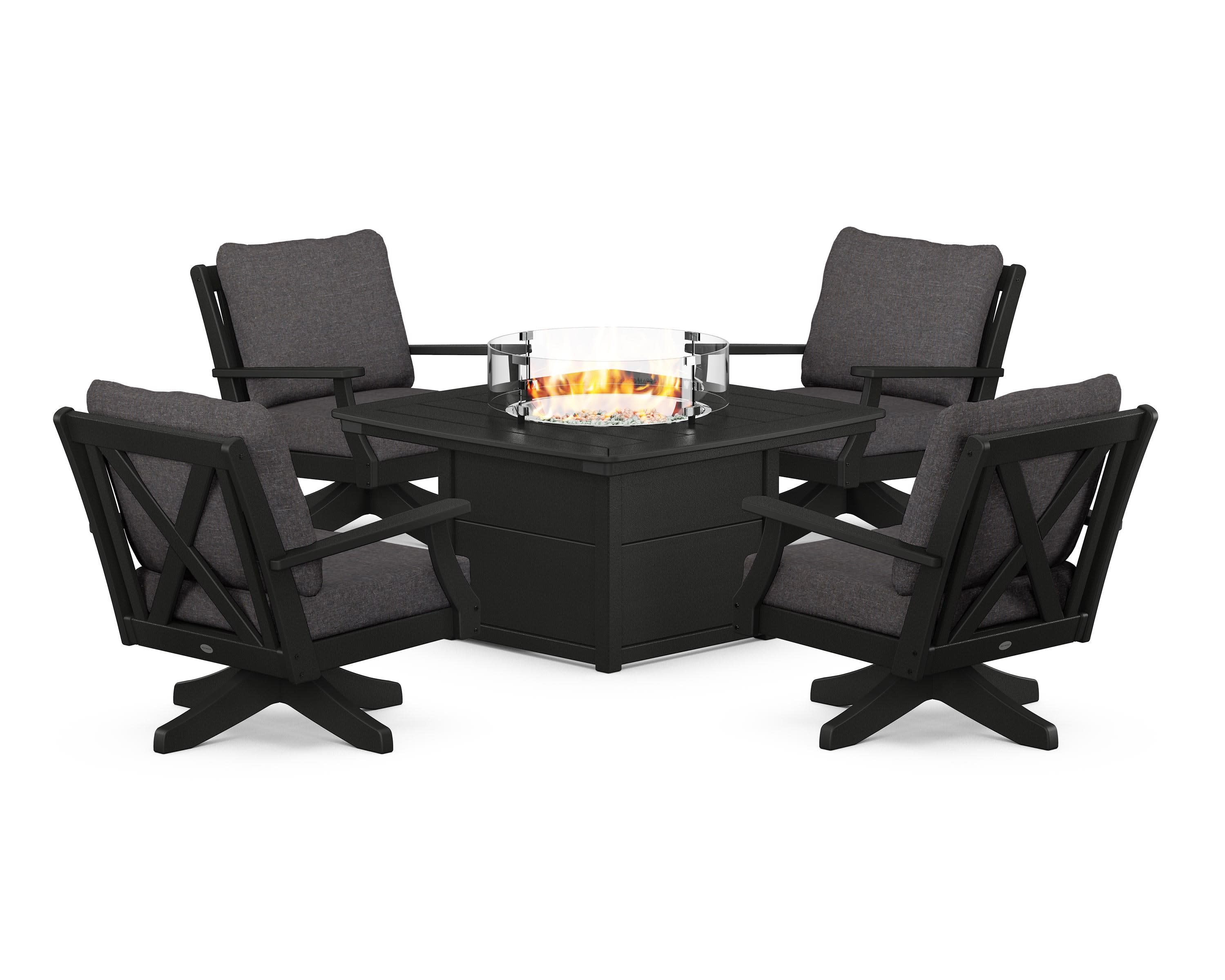 Braxton 5-Piece Deep Seating Swivel Conversation Set with Fire Pit Table in Black / Ash Charcoal