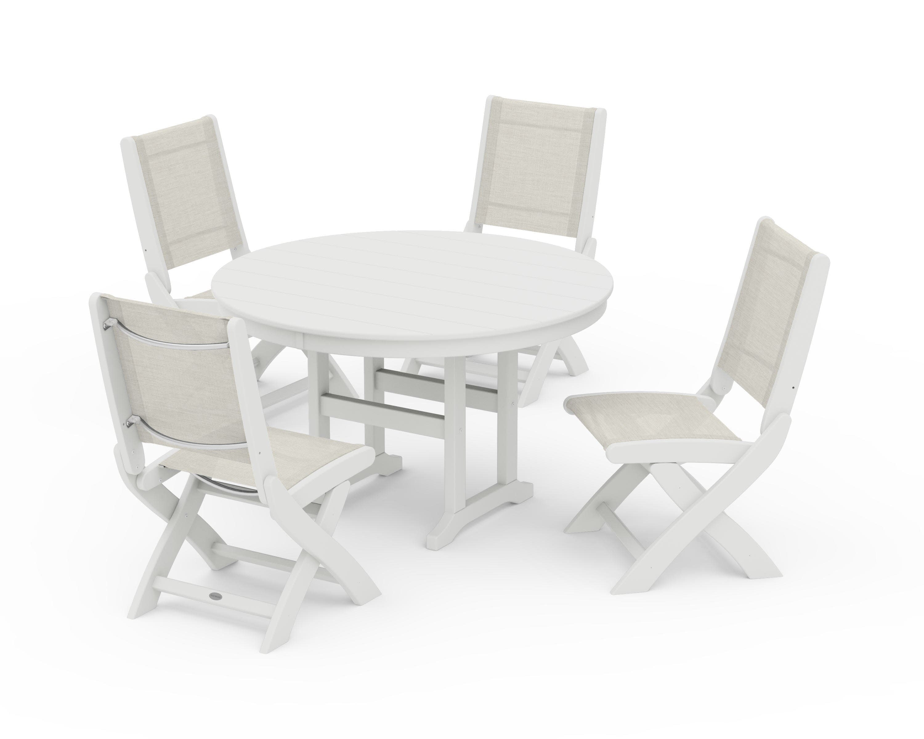 Coastal Folding Side Chair 5-Piece Round Dining Set in Vintage White / Parchment Sling