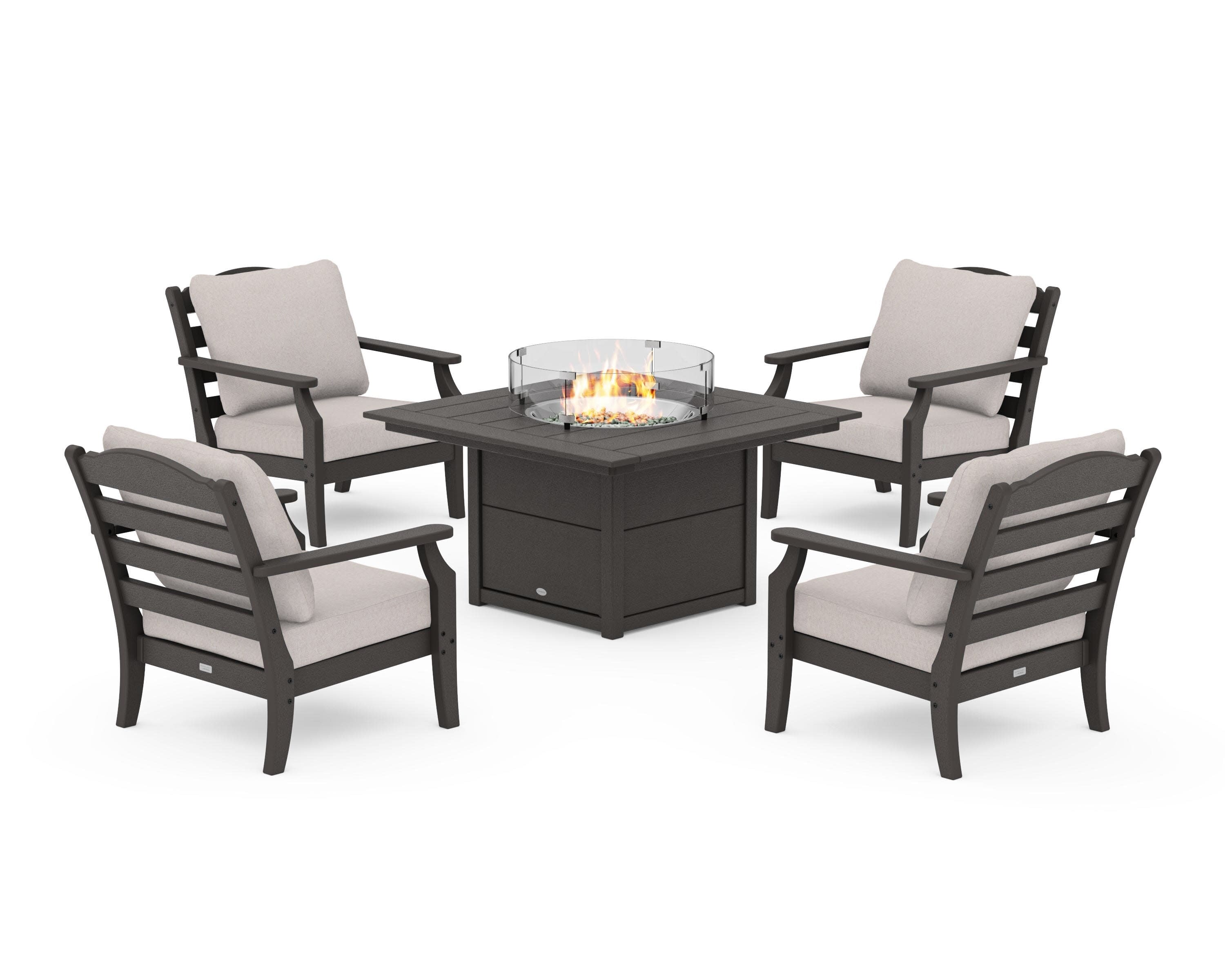 Savannah 5-Piece Deep Seating Set with Fire Pit Table in Vintage Coffee / Dune Burlap