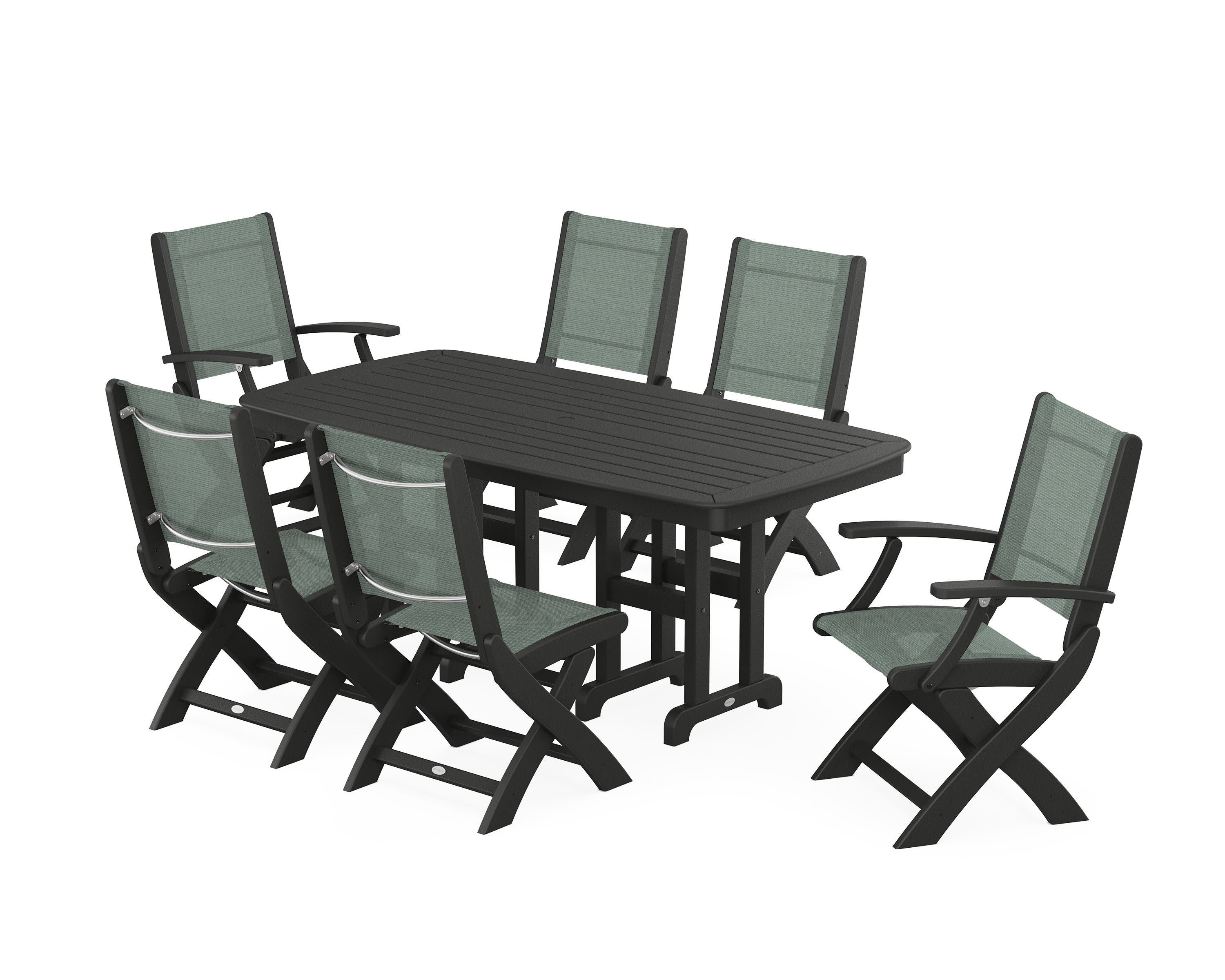 Coastal Folding Chair 7-Piece Dining Set in Black / Dupioni Sea Mist Sling