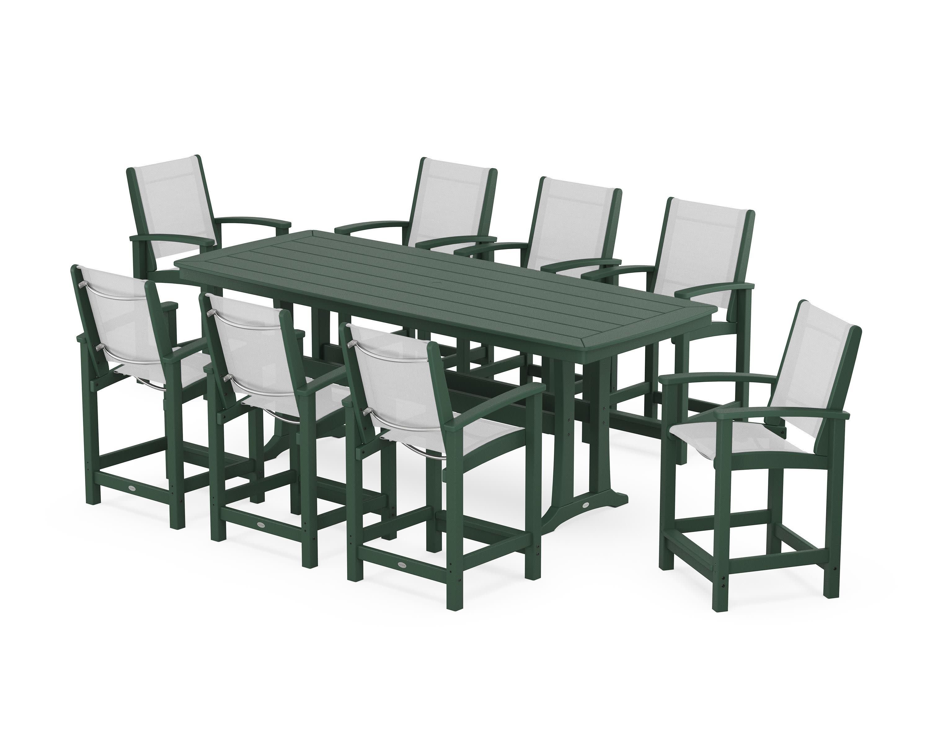 Coastal 9-Piece Counter Set with Trestle Legs in Green / White Sling