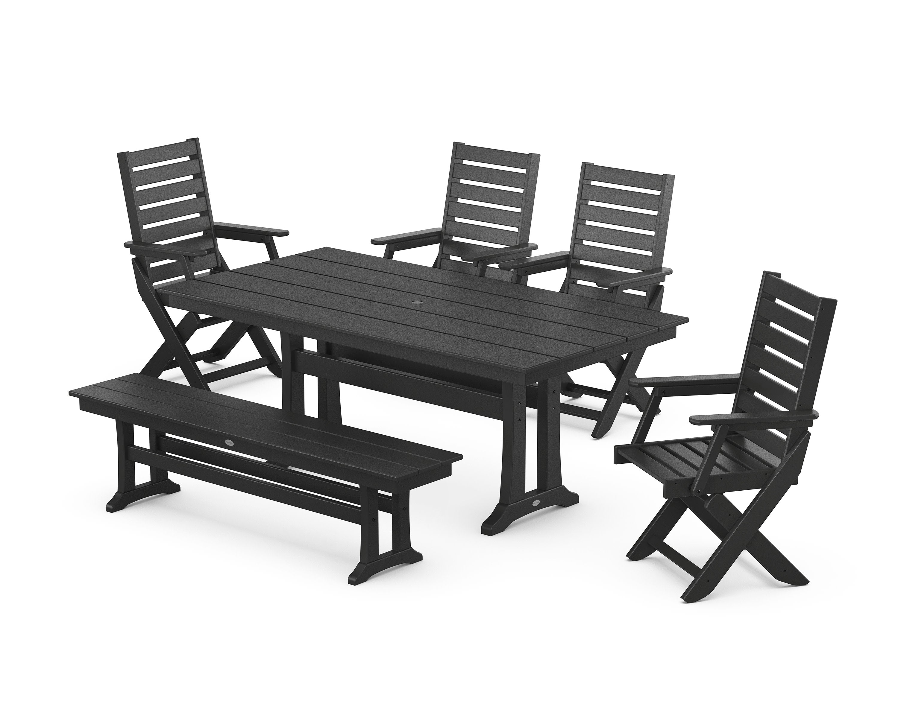 Captain Folding Chair 6-Piece Farmhouse Dining Set with Trestle Legs and Bench in Black