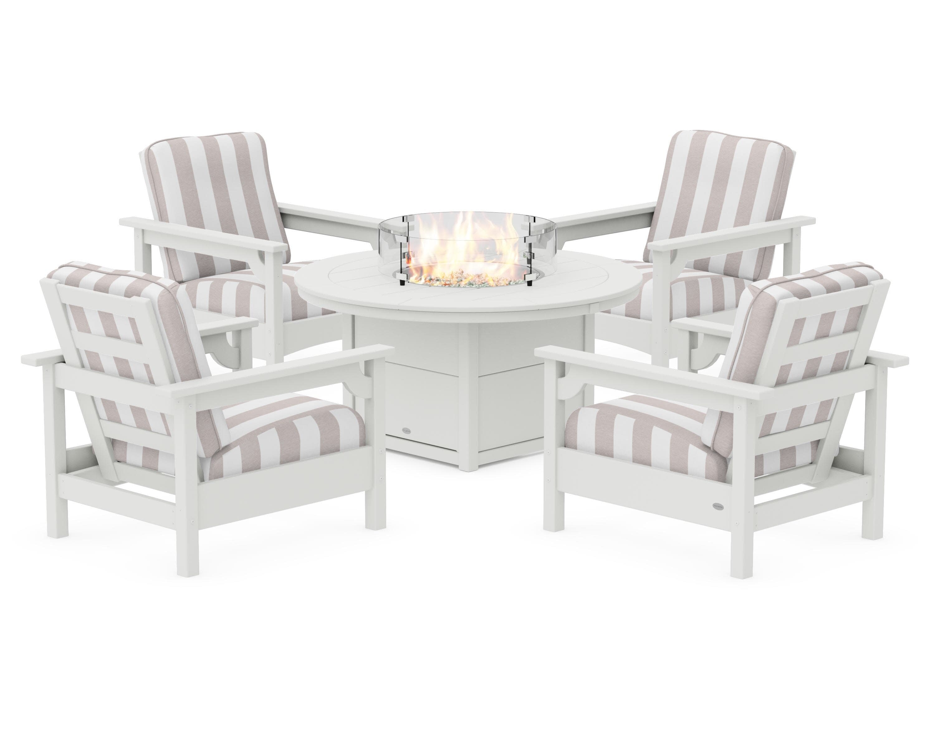 Club 5-Piece Conversation Set with Fire Pit Table in Vintage White / Cabana Stripe Dune Burlap