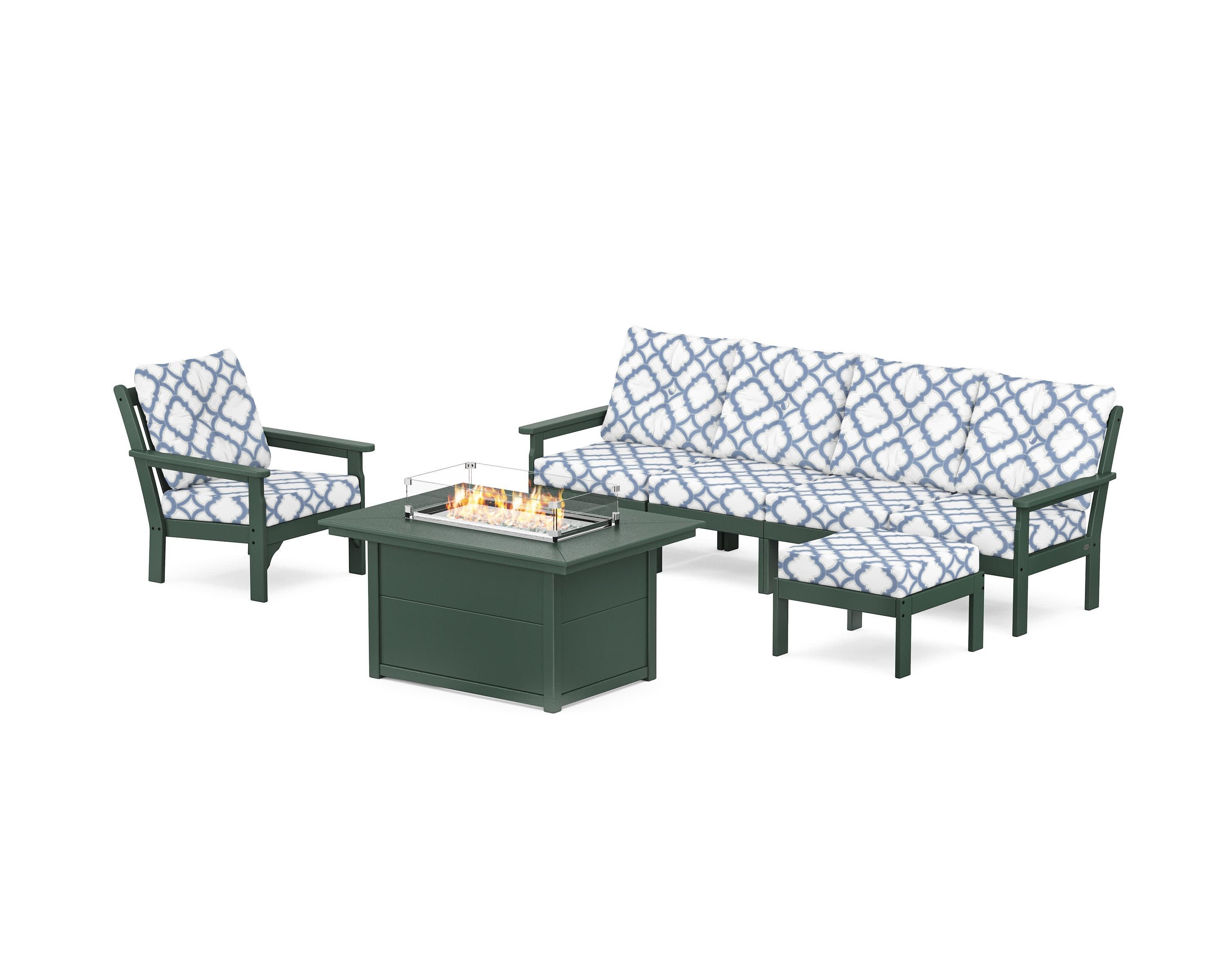 Vineyard Sectional Lounge and Fire Pit Set in Green / Trellis Sky Blue