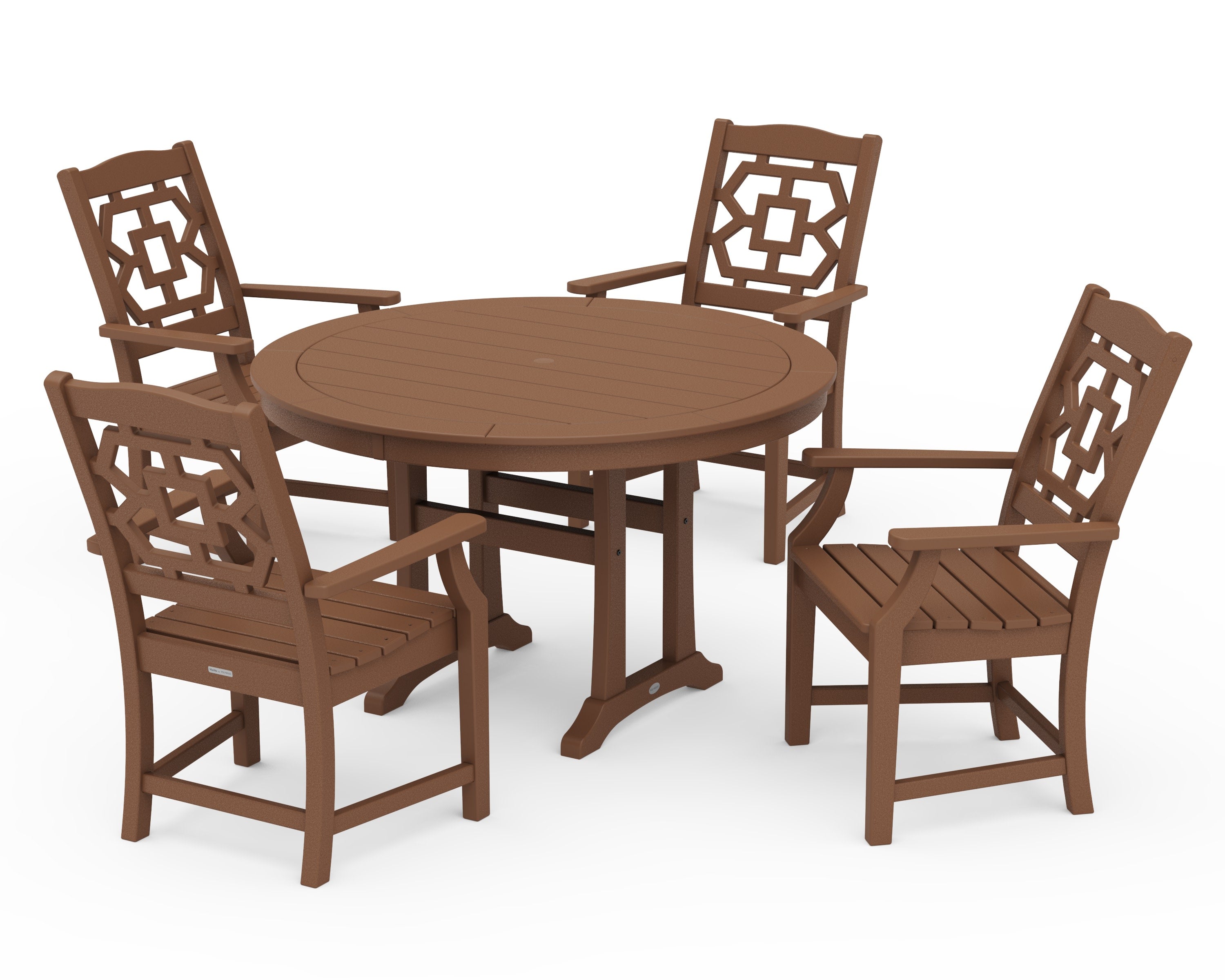 Chinoiserie 5-Piece Round Dining Set with Trestle Legs in Teak