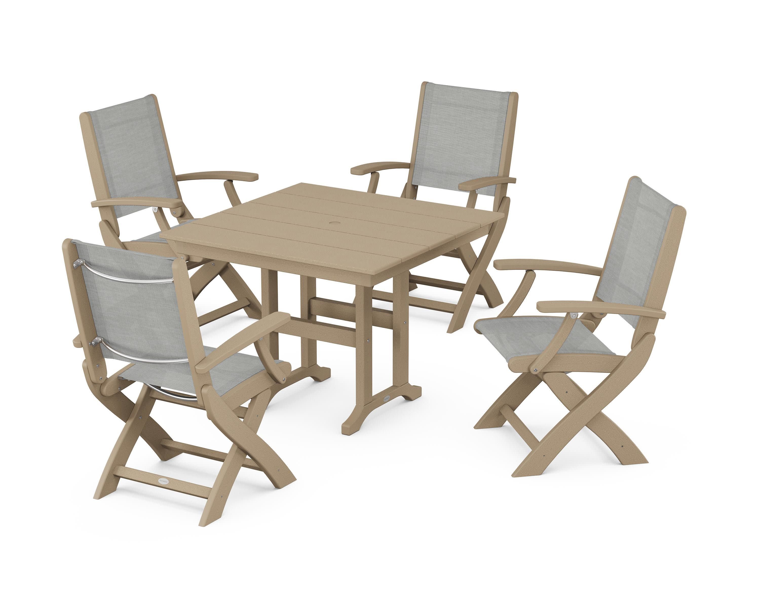 Coastal Folding Chair 5-Piece Farmhouse Dining Set in Vintage Sahara / Metallic Sling