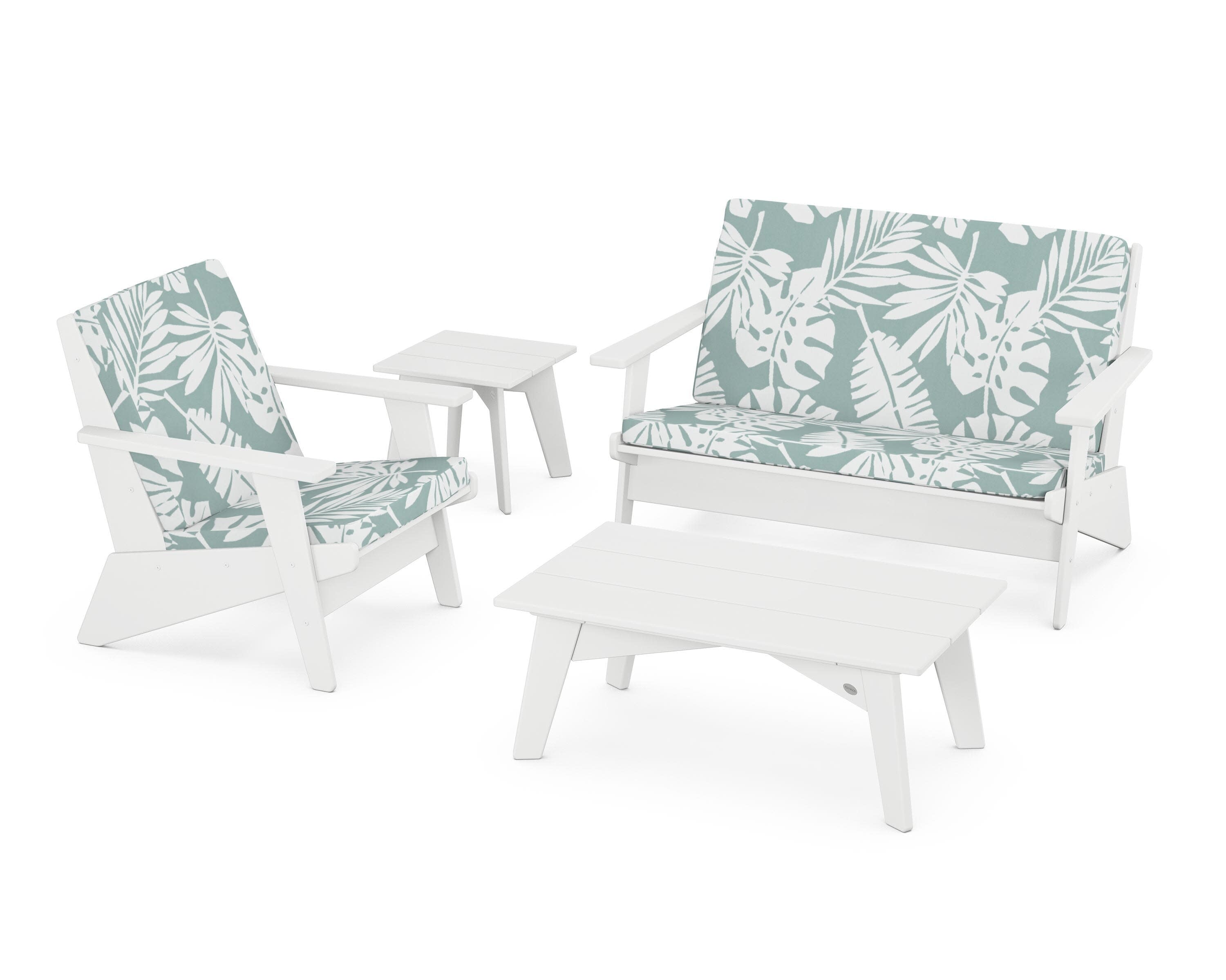 Riviera Modern Lounge 4-Piece Set in White / Leaf Glacier Spa