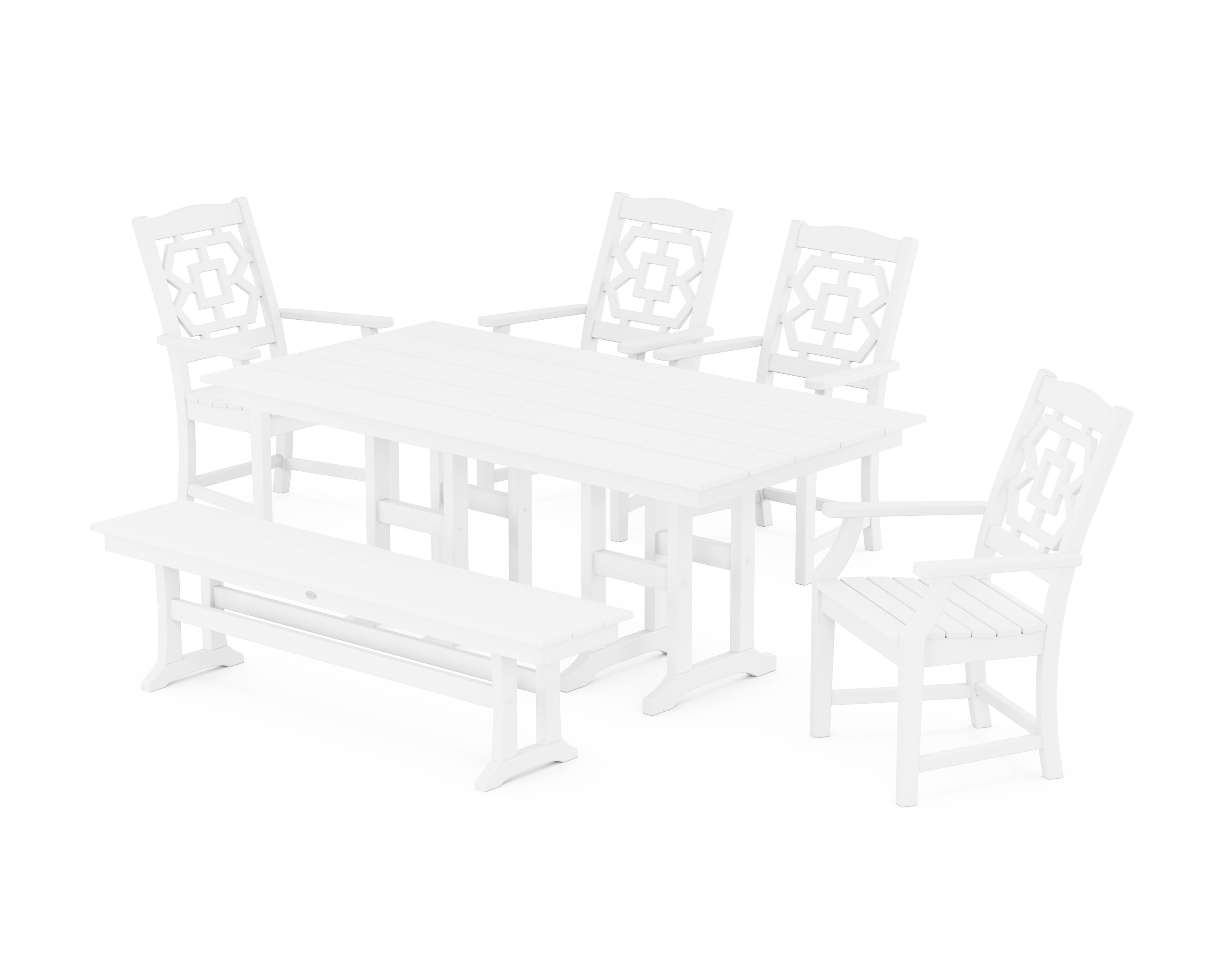 Chinoiserie 6-Piece Farmhouse Dining Set with Bench in White
