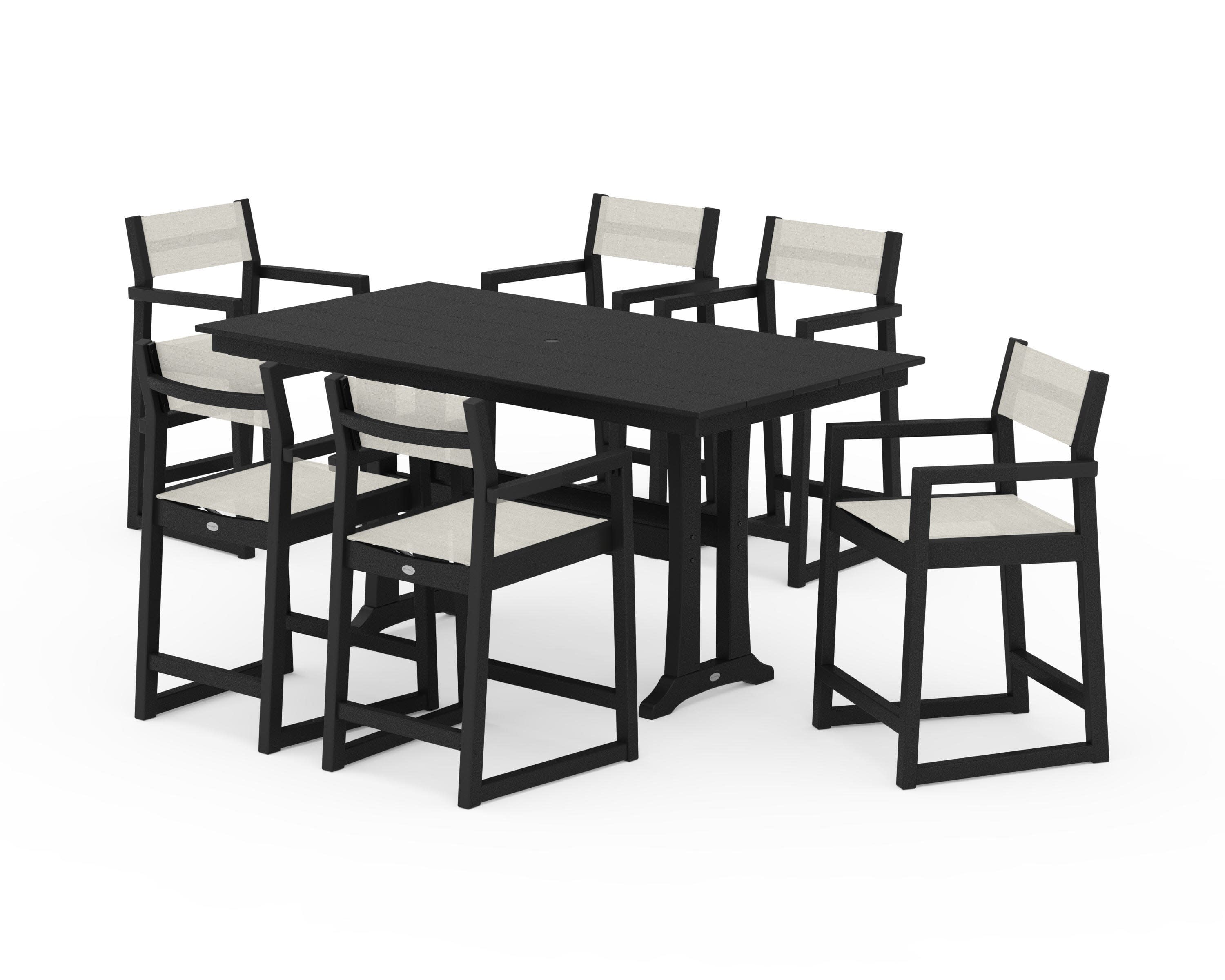 EDGE Sling Arm Chair 7-Piece Farmhouse Counter Set with Trestle Legs in Black / Parchment Sling