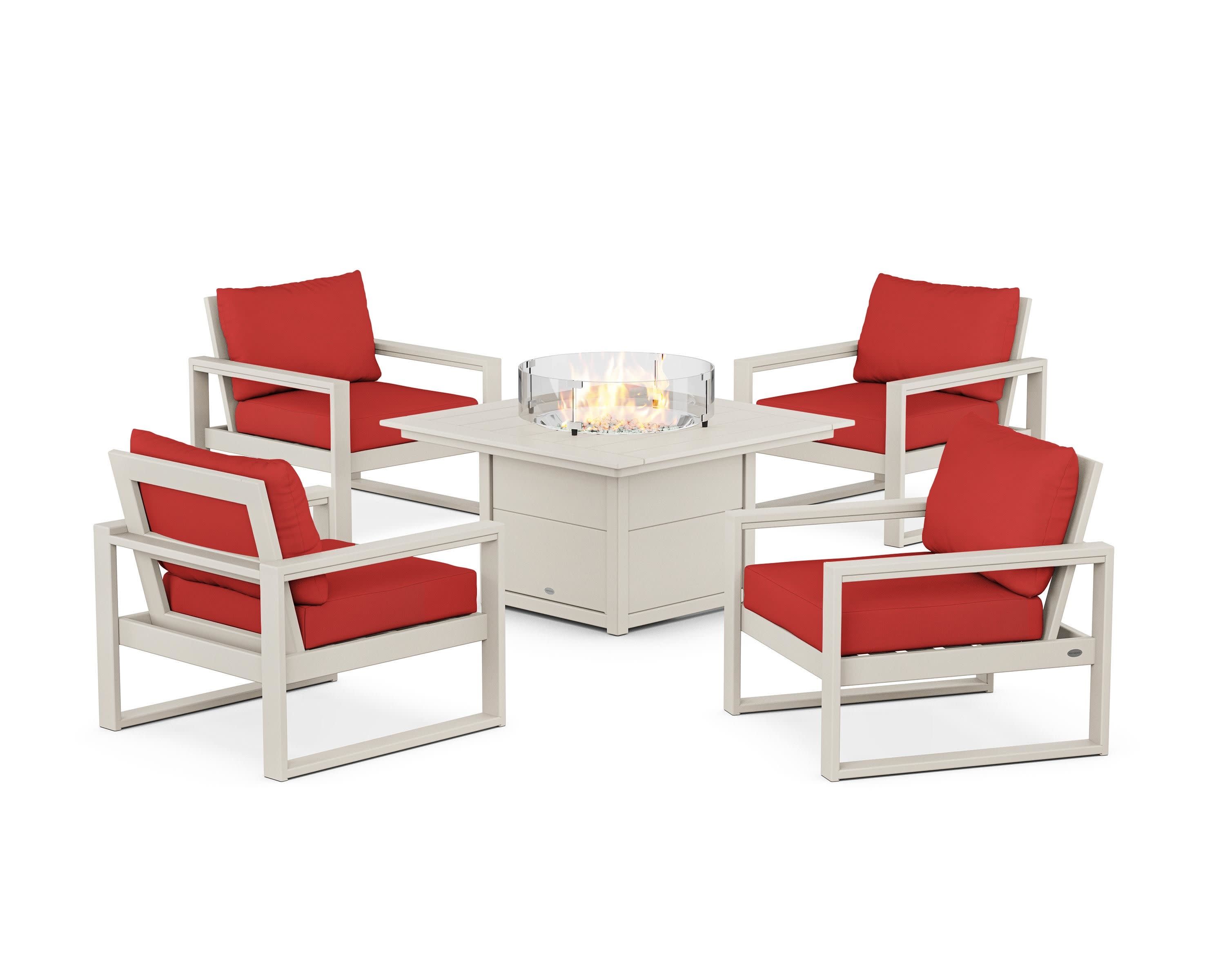 EDGE Sectional 5-Piece Deep Seating Set with Fire Pit Table in Sand / Crimson Linen