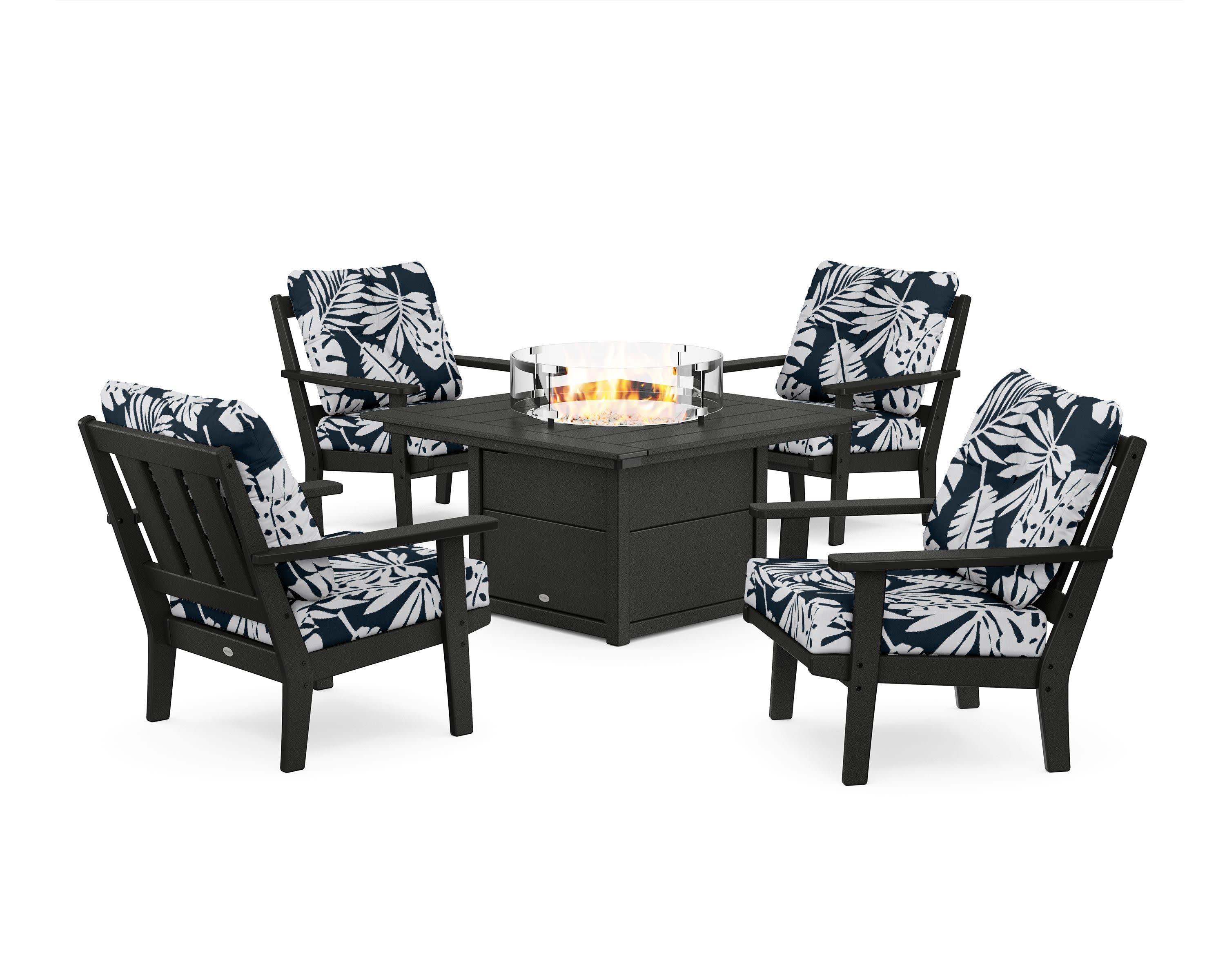 Oxford 5-Piece Deep Seating Set with Fire Pit Table in Black / Leaf Marine Indigo