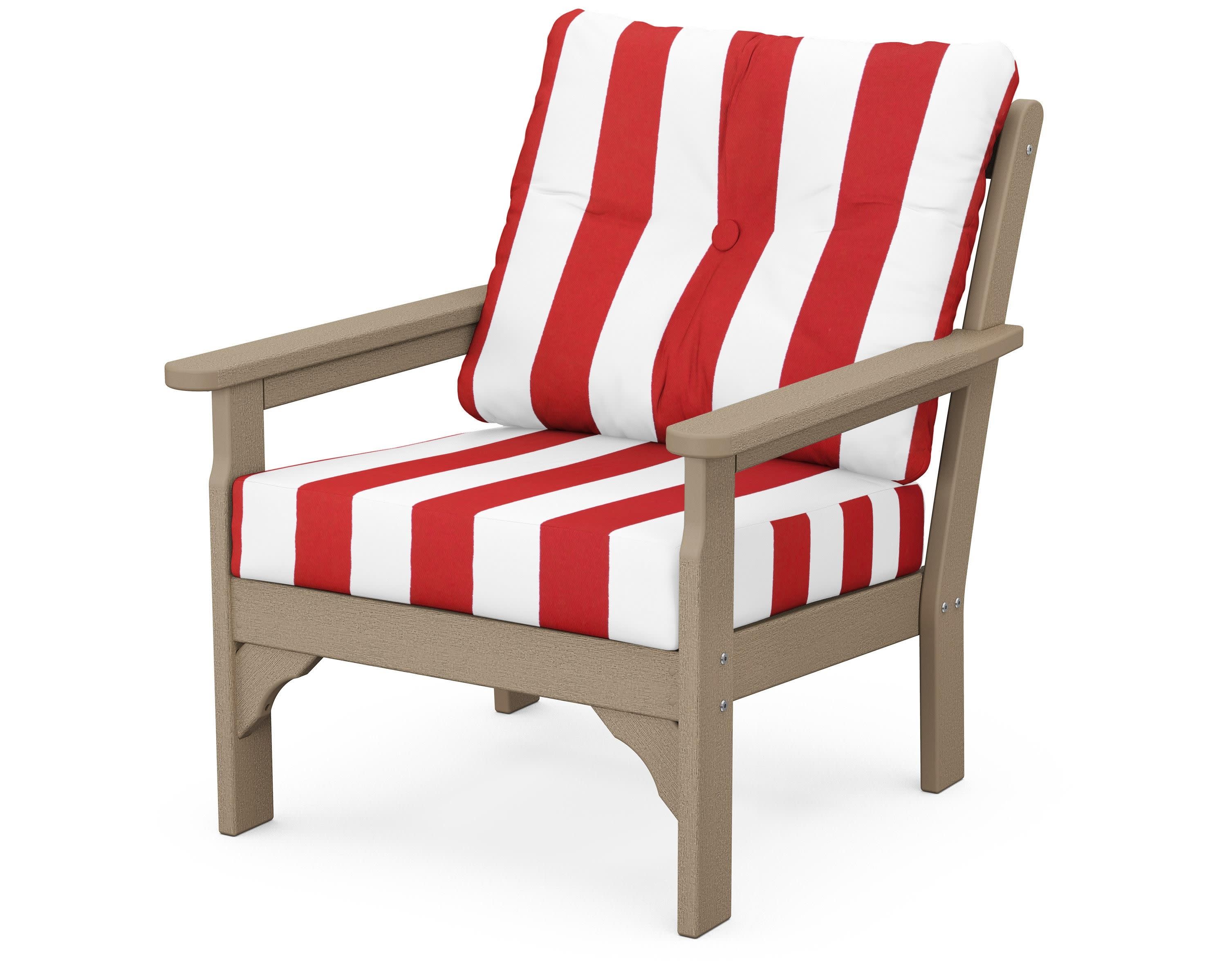 Vineyard Deep Seating Chair in Vintage Sahara / Cabana Stripe Crimson