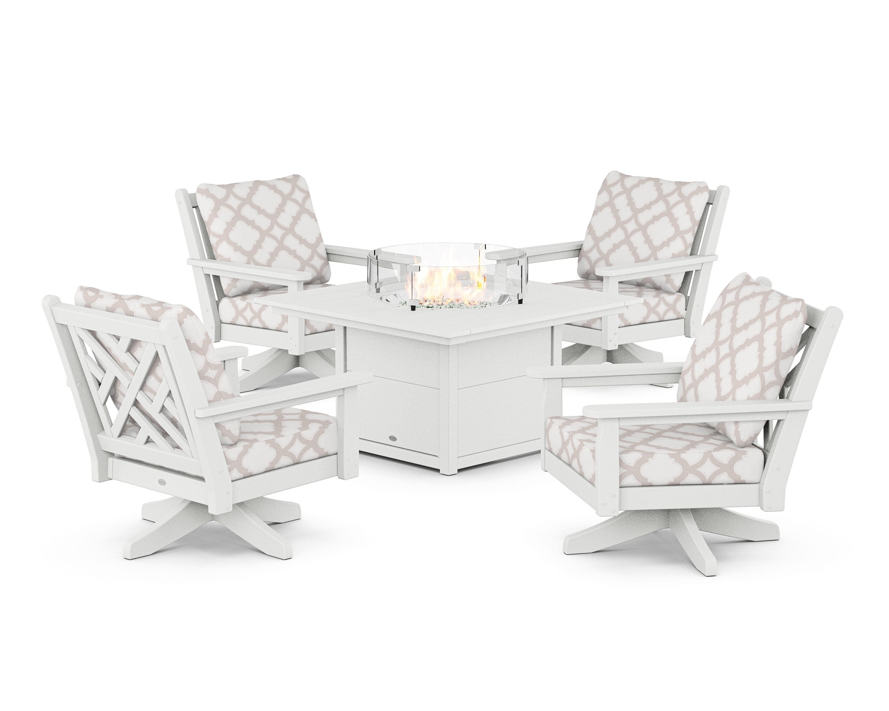 Chippendale 5-Piece Deep Seating Swivel Conversation Set with Fire Pit Table in White / Trellis Dune Burlap