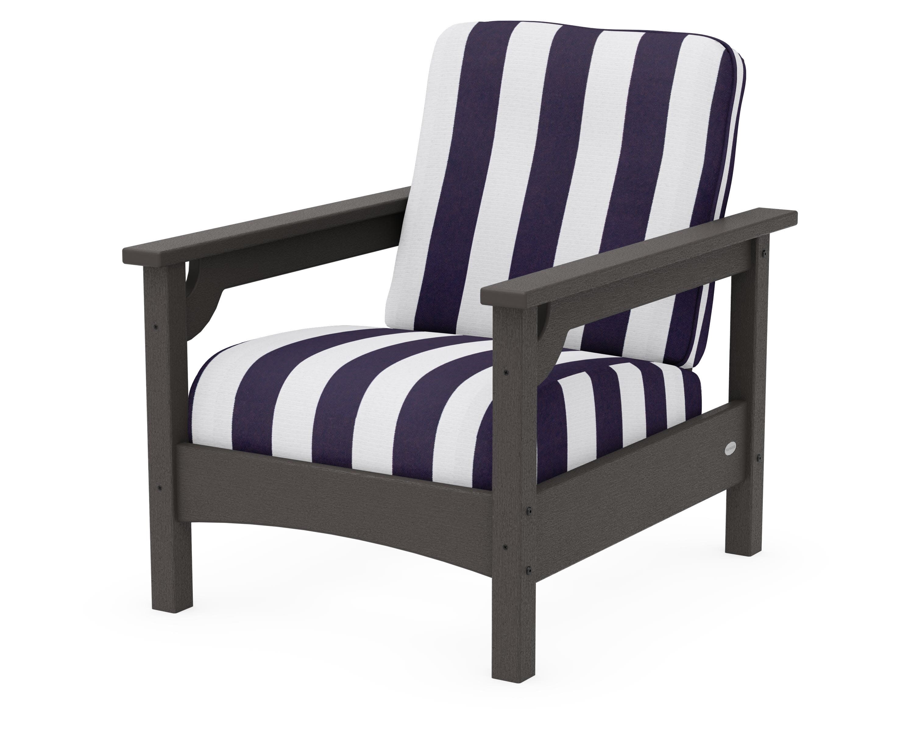 Club Chair in Vintage Coffee / Cabana Stripe Navy