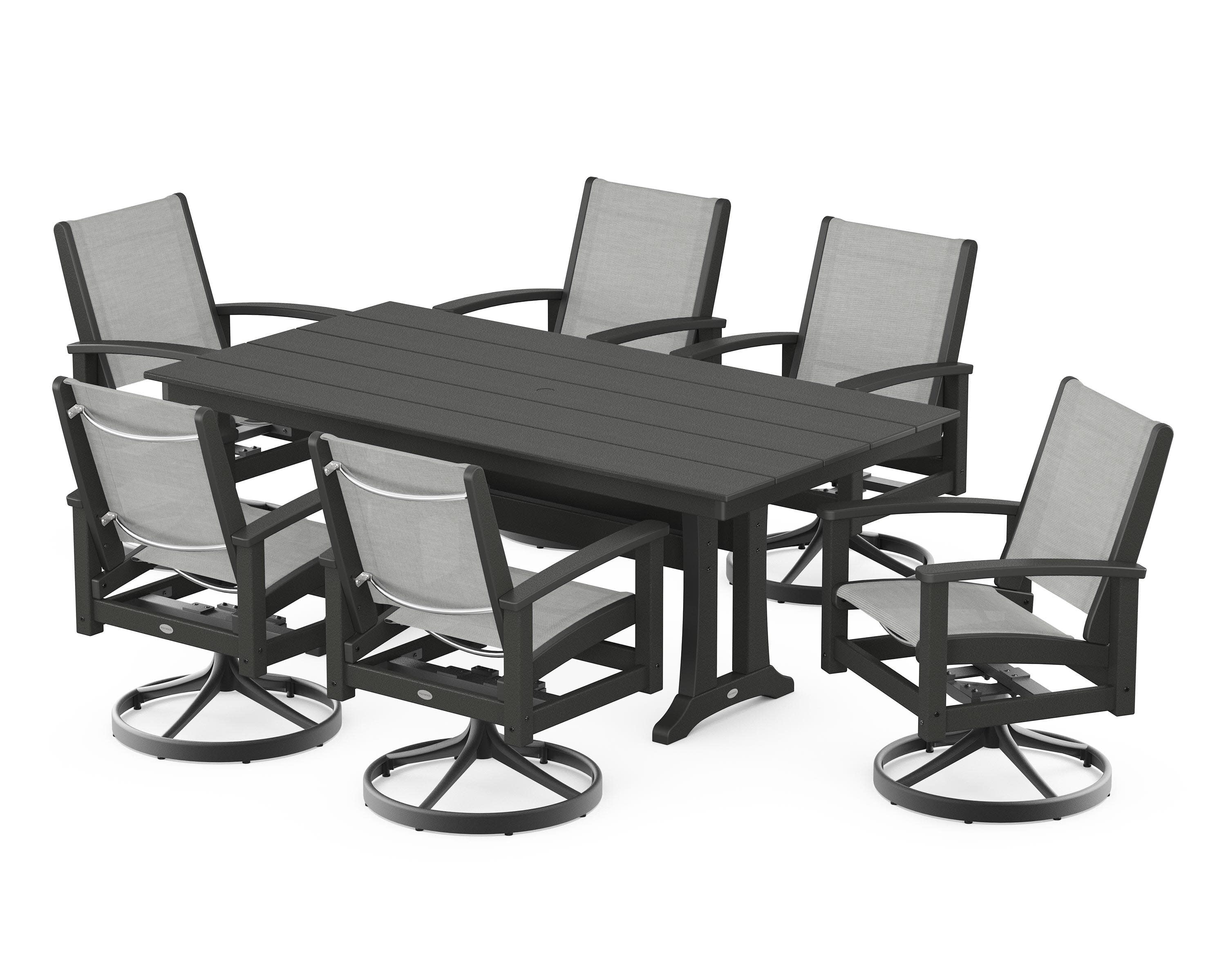7 Piece Coastal Swivel Rocker Dining Set in Textured Black / Black / Metallic Sling