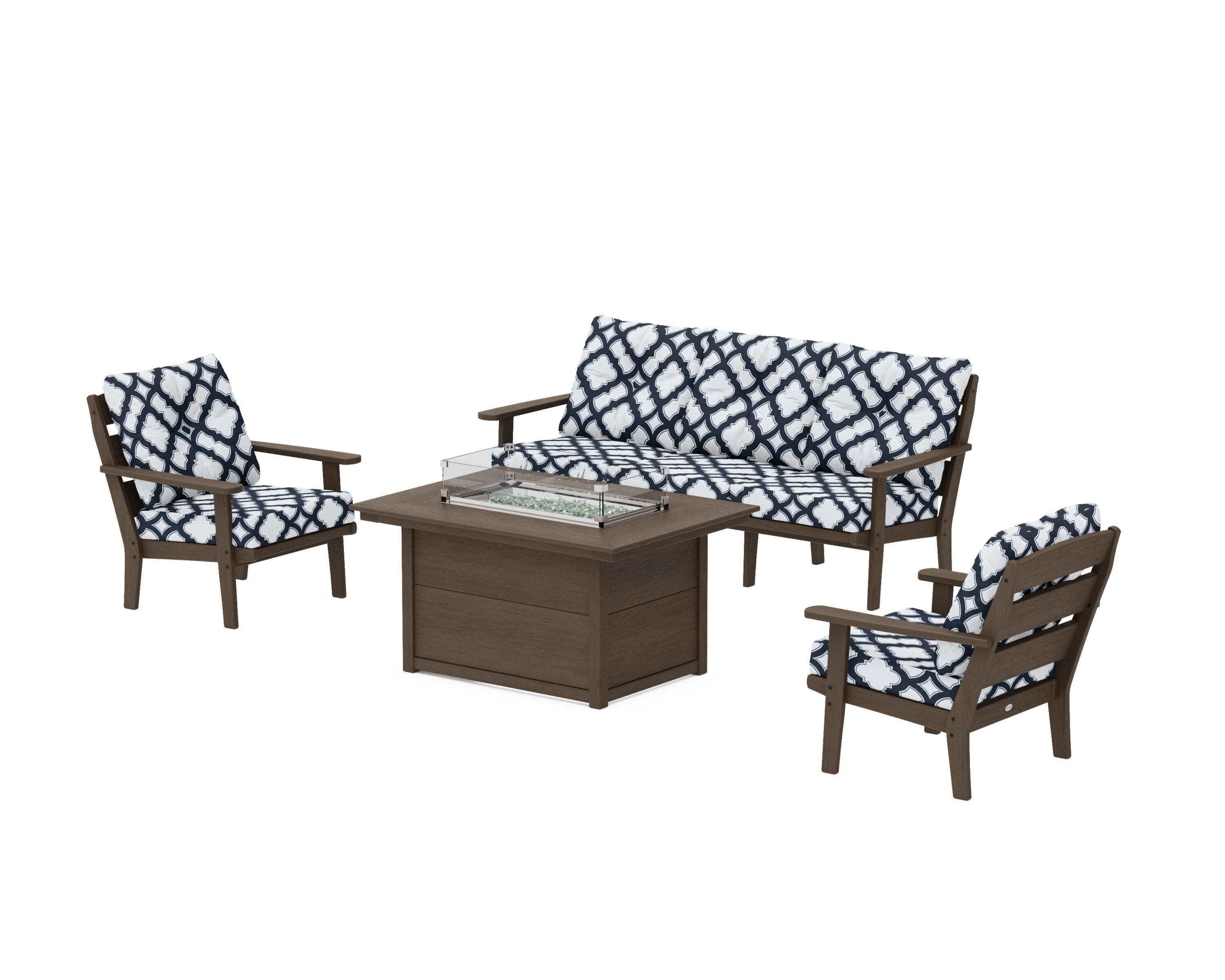 Lakeside Deep Seating Fire Pit Table Set in Kona / Trellis Marine Indigo