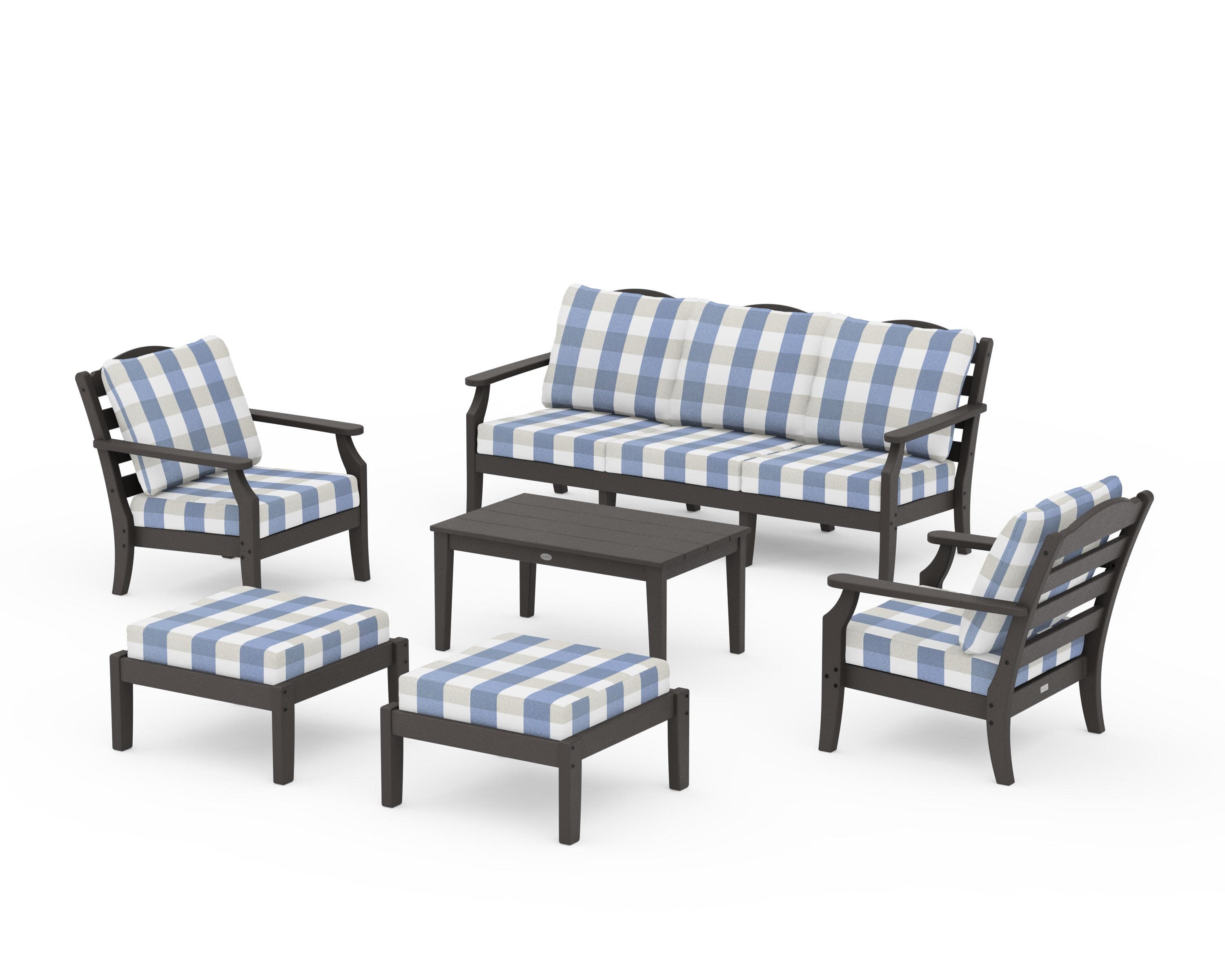 Savannah 6-Piece Lounge Sofa Set in Vintage Coffee / Buffalo Plaid Sky Blue