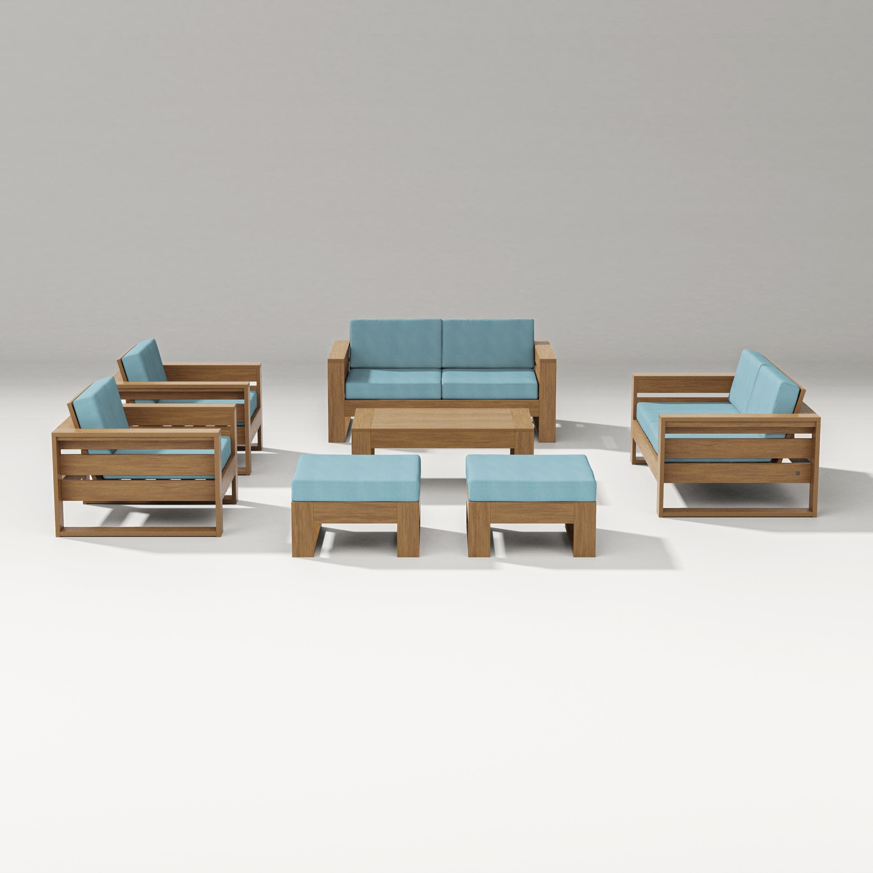 Latitude 7-Piece Lounge Loveseat Set in Natural / Lattice Sky Blue