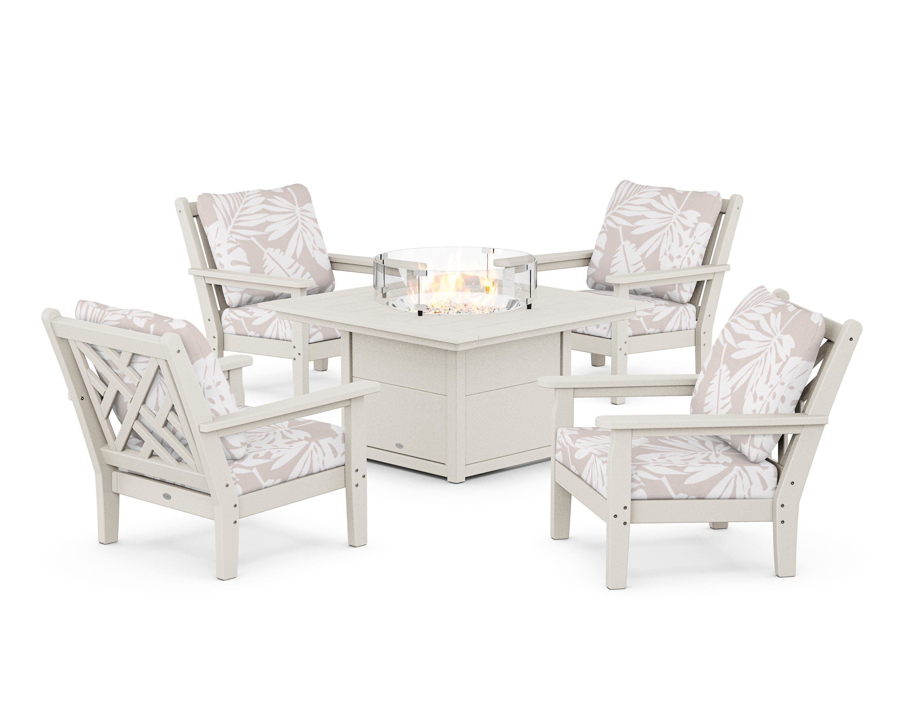 Chippendale 5-Piece Deep Seating Set with Fire Pit Table in Sand / Leaf Dune Burlap