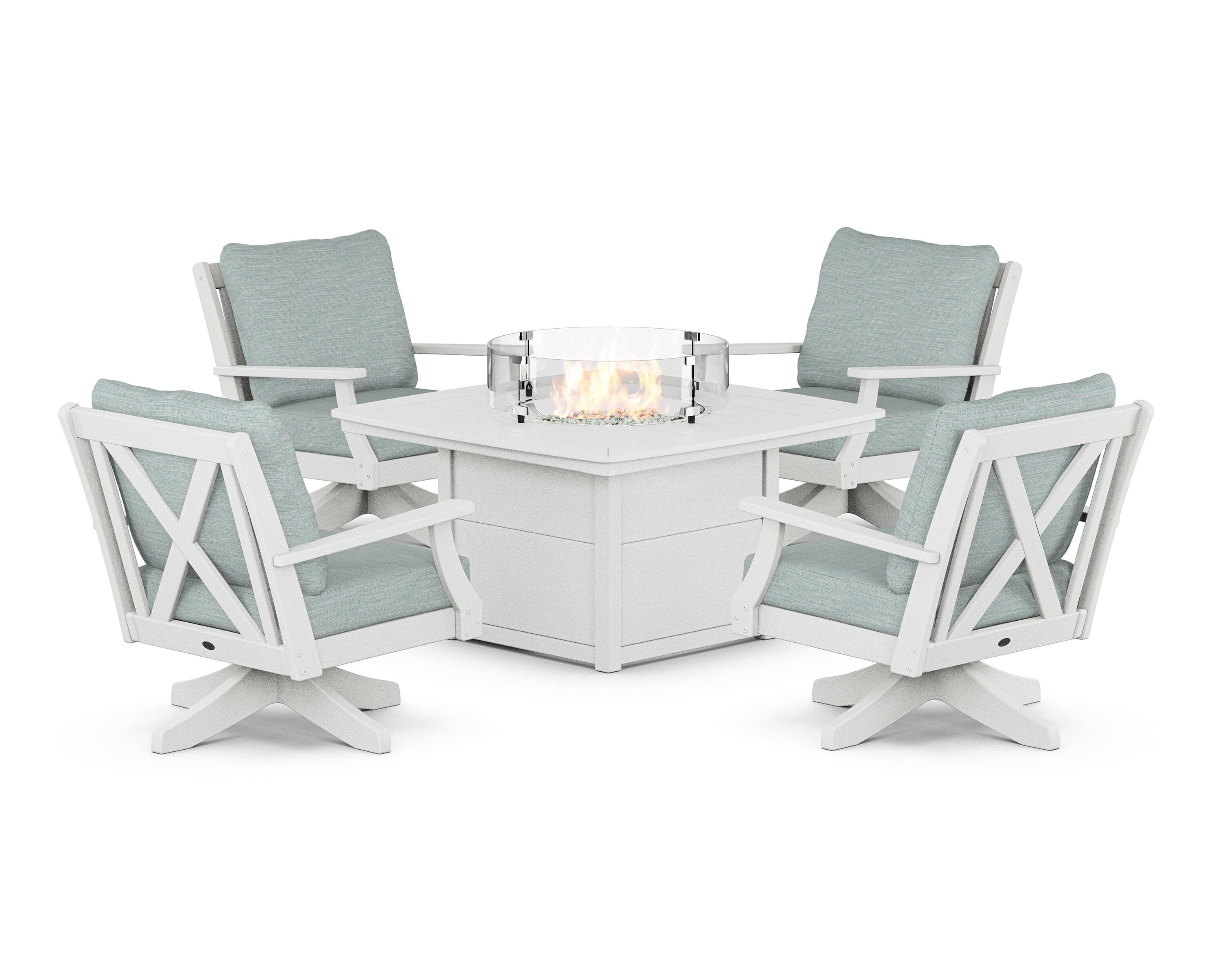 Braxton 5-Piece Deep Seating Swivel Conversation Set with Fire Pit Table in Vintage White / Soothe Mist
