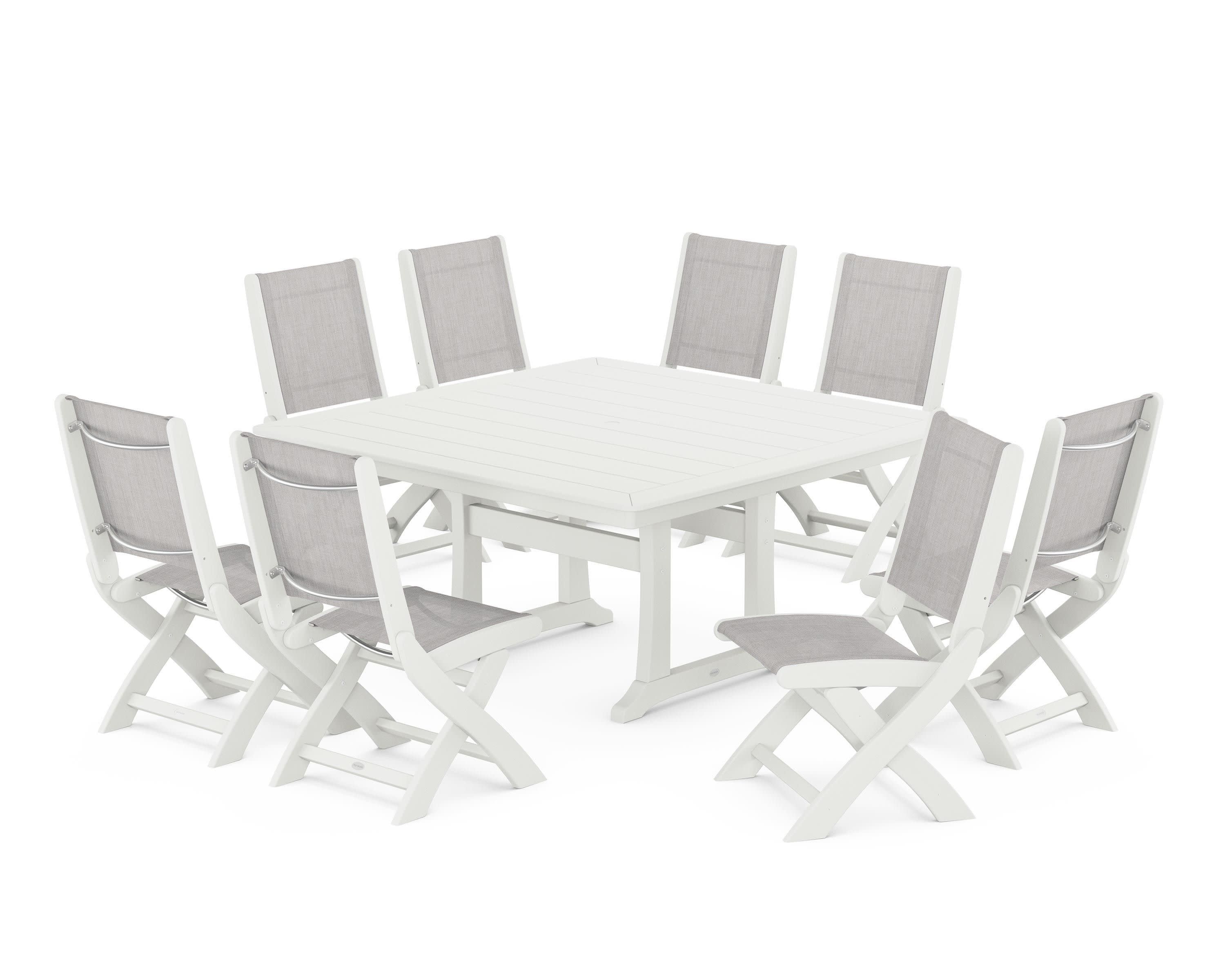 Coastal Folding Side Chair 9-Piece Dining Set with Trestle Legs in Vintage White / Parchment Sling