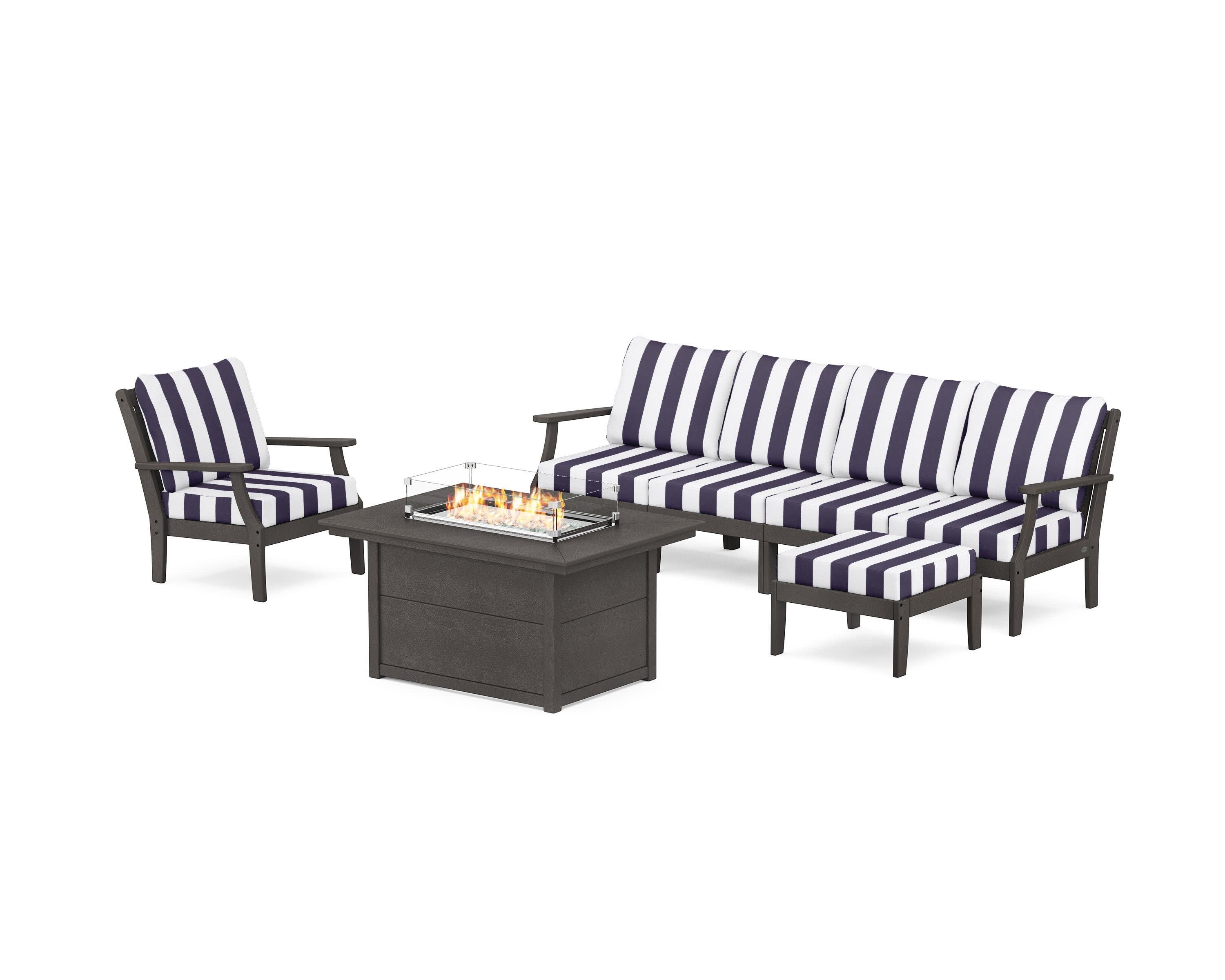 Braxton Sectional Lounge and Fire Pit Set in Vintage Coffee / Cabana Stripe Navy